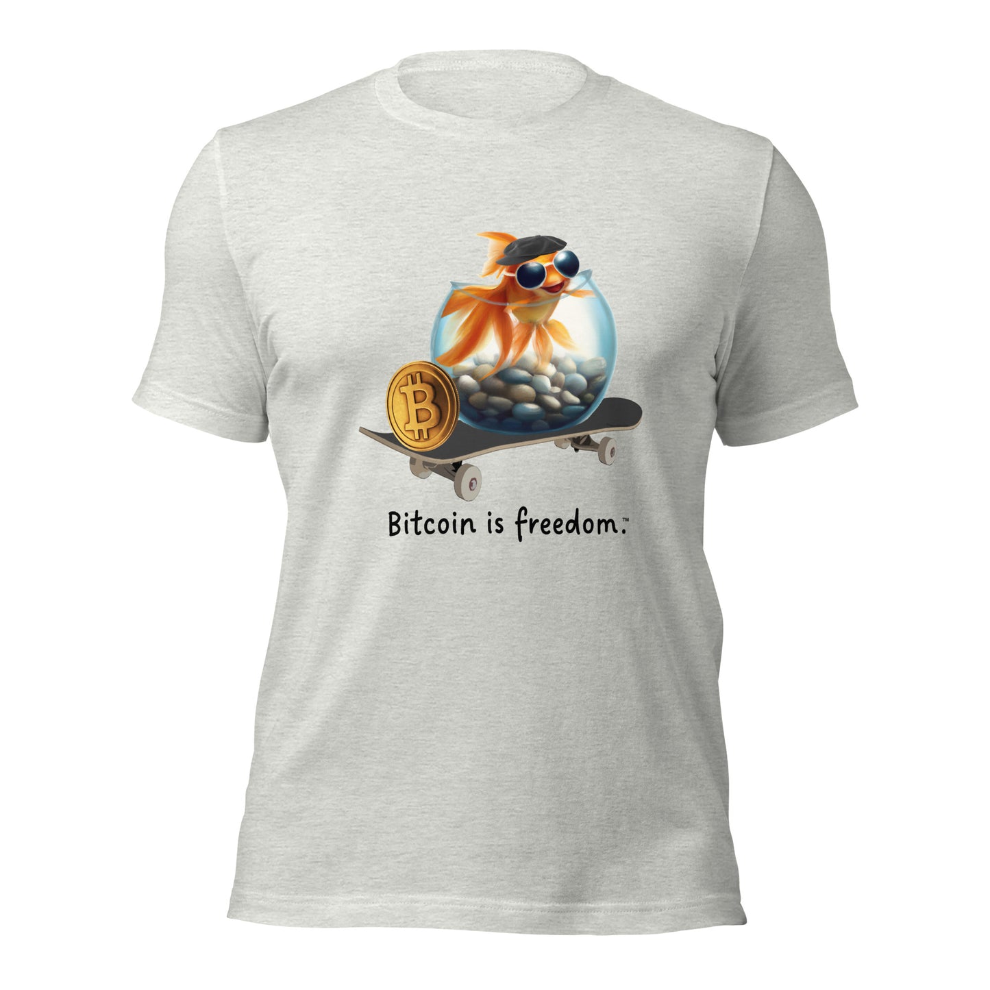 Women’s ash grey color Bitcoin t-shirt with a Happy Goldfish graphic and the ‘Bitcoin is freedom’ slogan printed on the front side of the shirt.