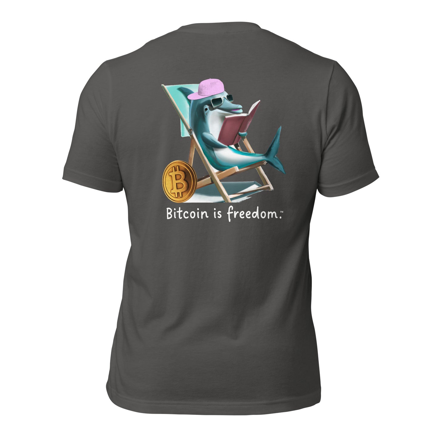 Women’s asphalt grey color Bitcoin t-shirt with a Happy Dolphin graphic and the ‘Bitcoin is freedom’ slogan printed on the back side of the shirt.