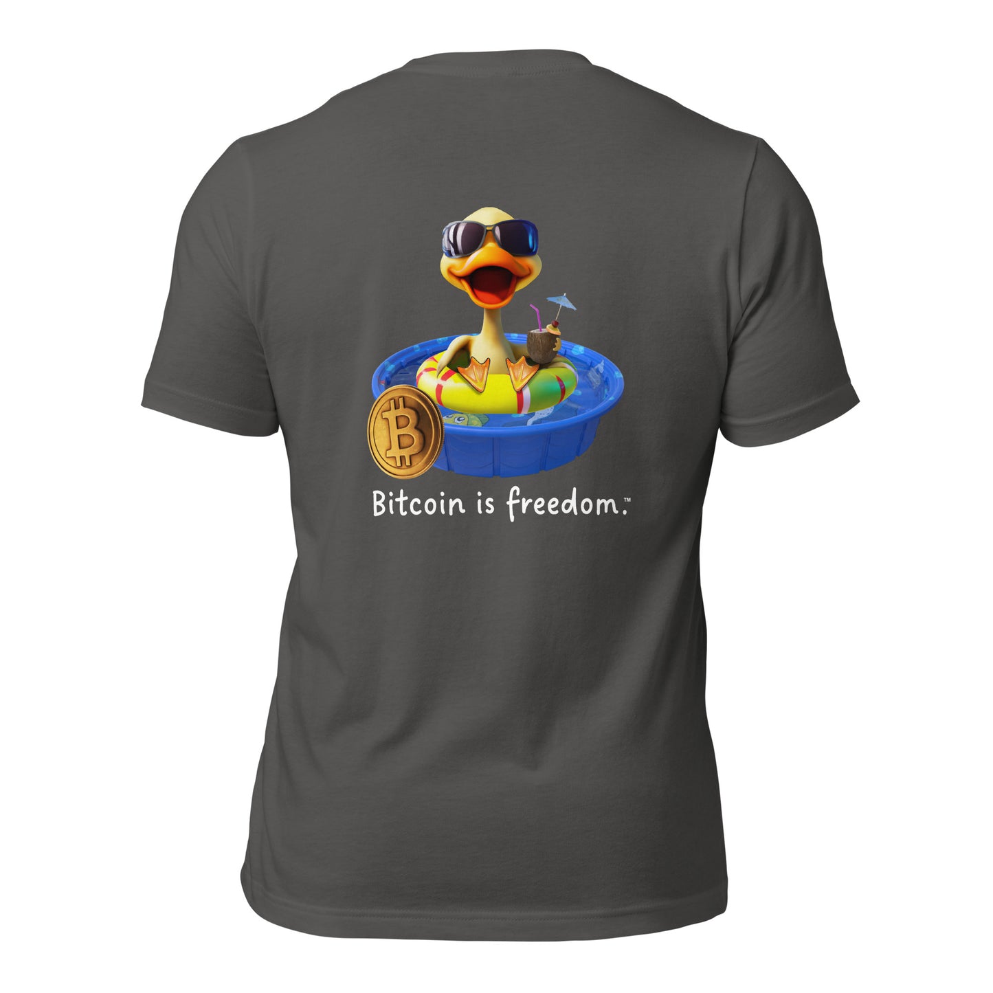 Women’s asphalt grey color Bitcoin t-shirt with a Happy Duck graphic and the ‘Bitcoin is freedom’ slogan printed on the back side of the shirt.