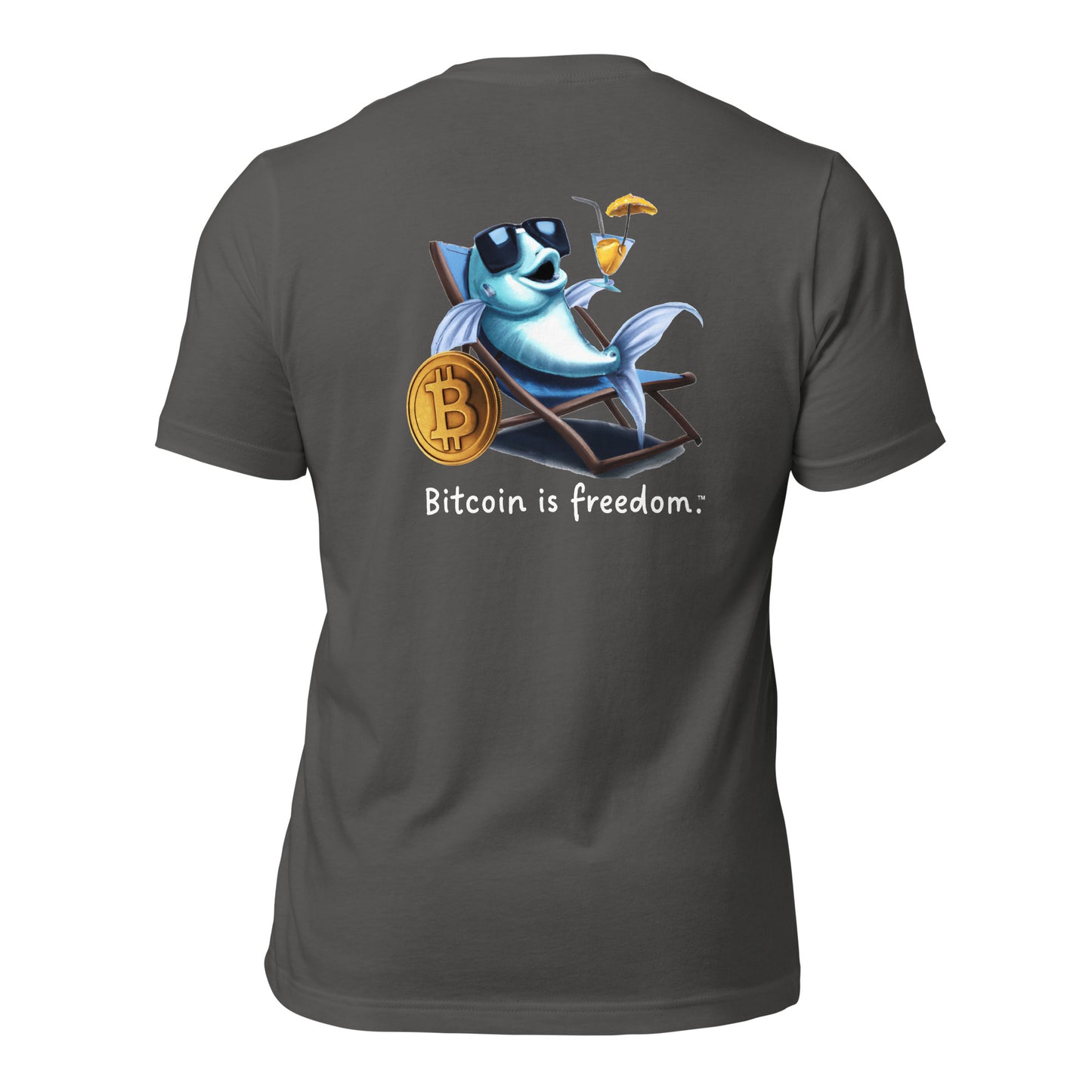 Women’s asphalt grey color Bitcoin t-shirt with a Happy Fish graphic and the ‘Bitcoin is freedom’ slogan printed on the back side of the shirt.