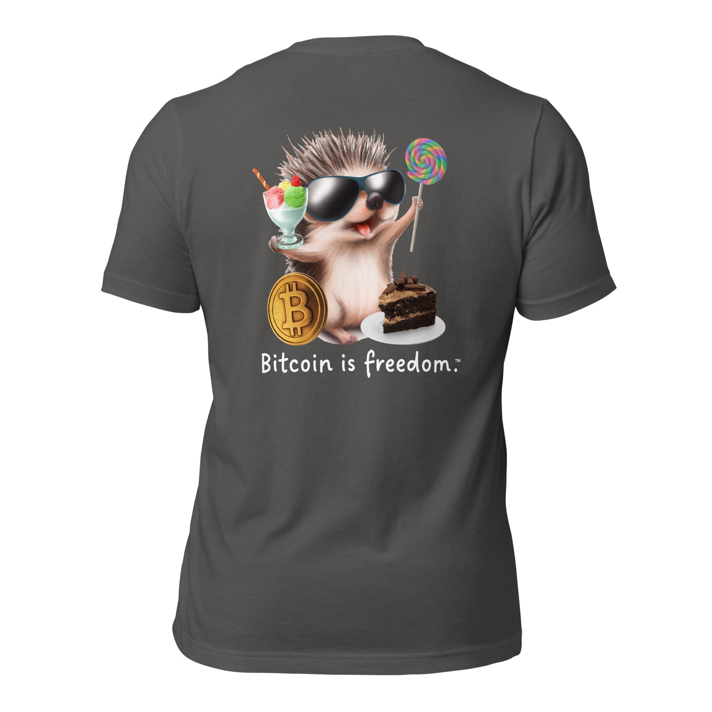 Women’s asphalt grey color Bitcoin t-shirt with a Happy Hedgehog graphic and the ‘Bitcoin is freedom’ slogan printed on the back side of the shirt.