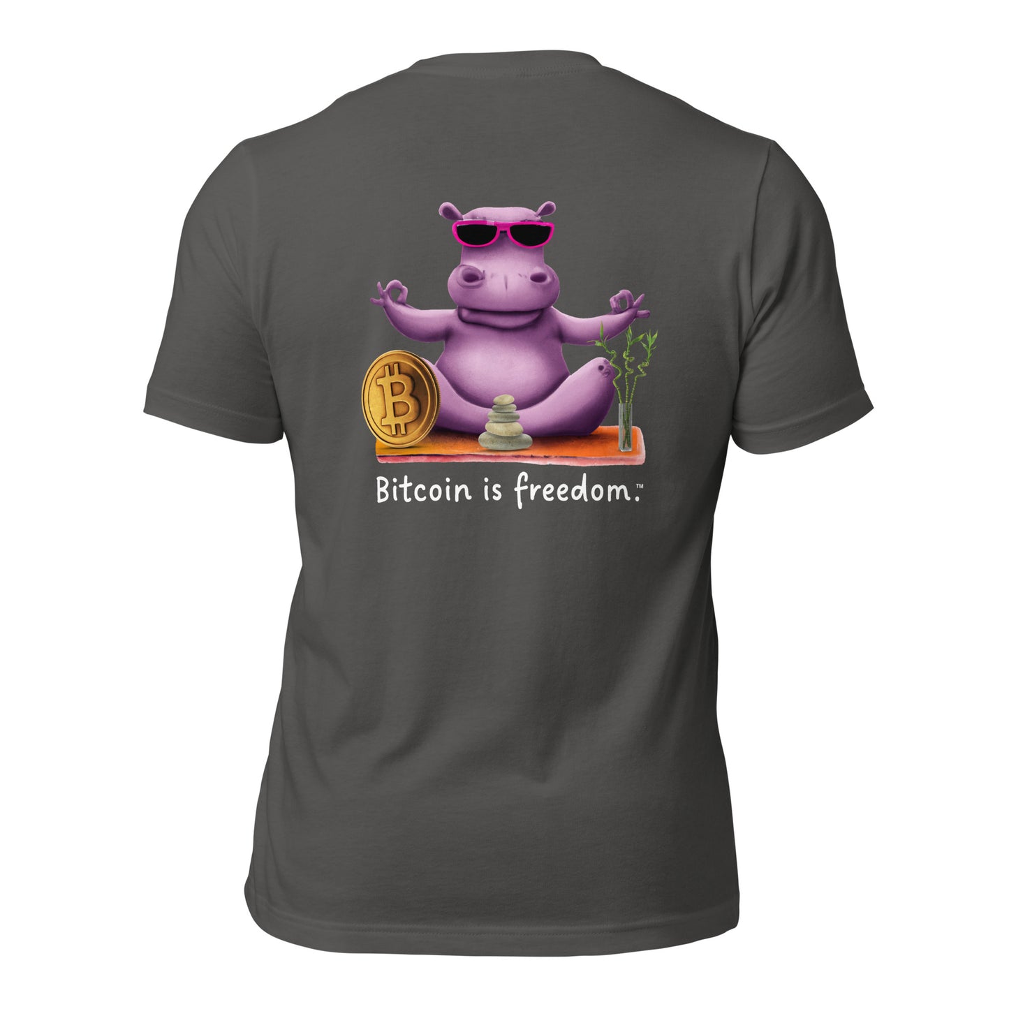 Women’s asphalt grey color Bitcoin t-shirt with a Happy Hippo graphic and the ‘Bitcoin is freedom’ slogan printed on the back side of the shirt.