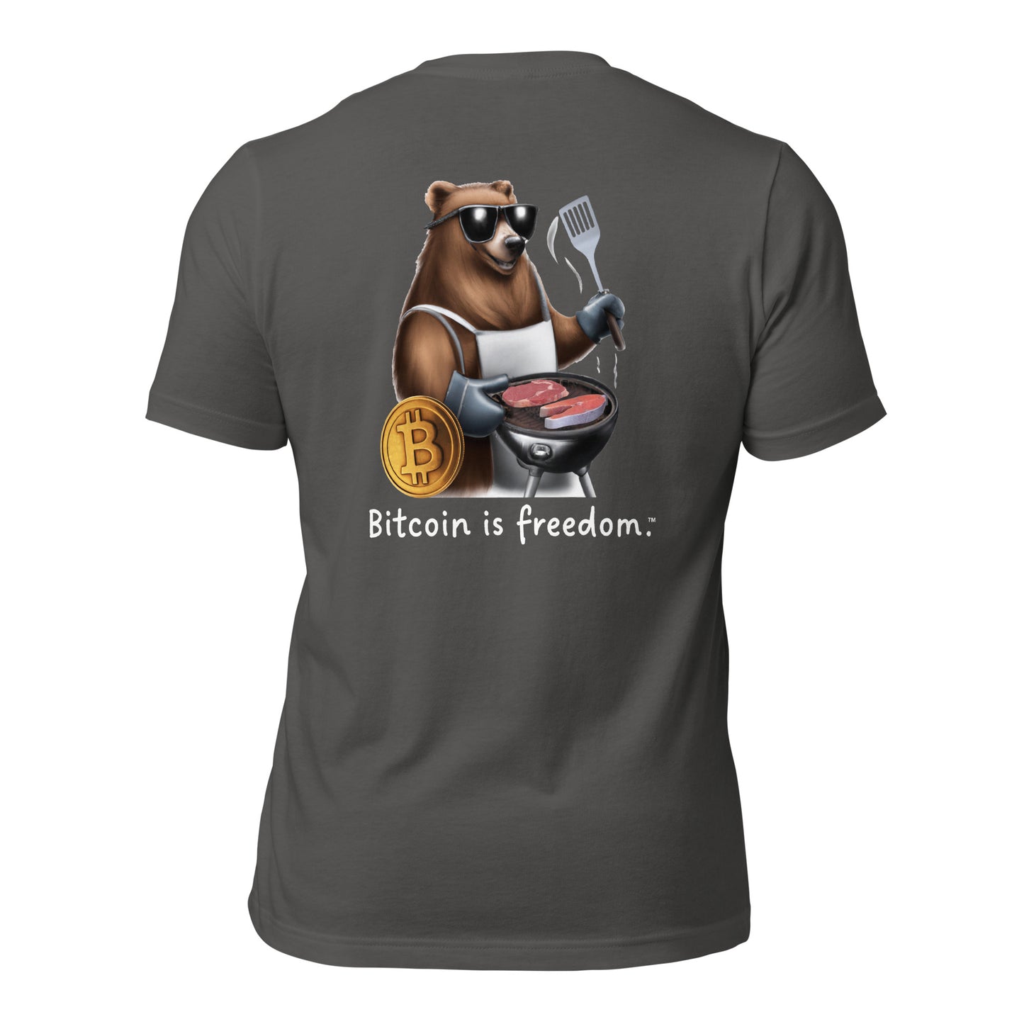 Women’s asphalt grey color Bitcoin t-shirt with a Happy Bear graphic and the ‘Bitcoin is freedom’ slogan printed on the back side of the shirt.