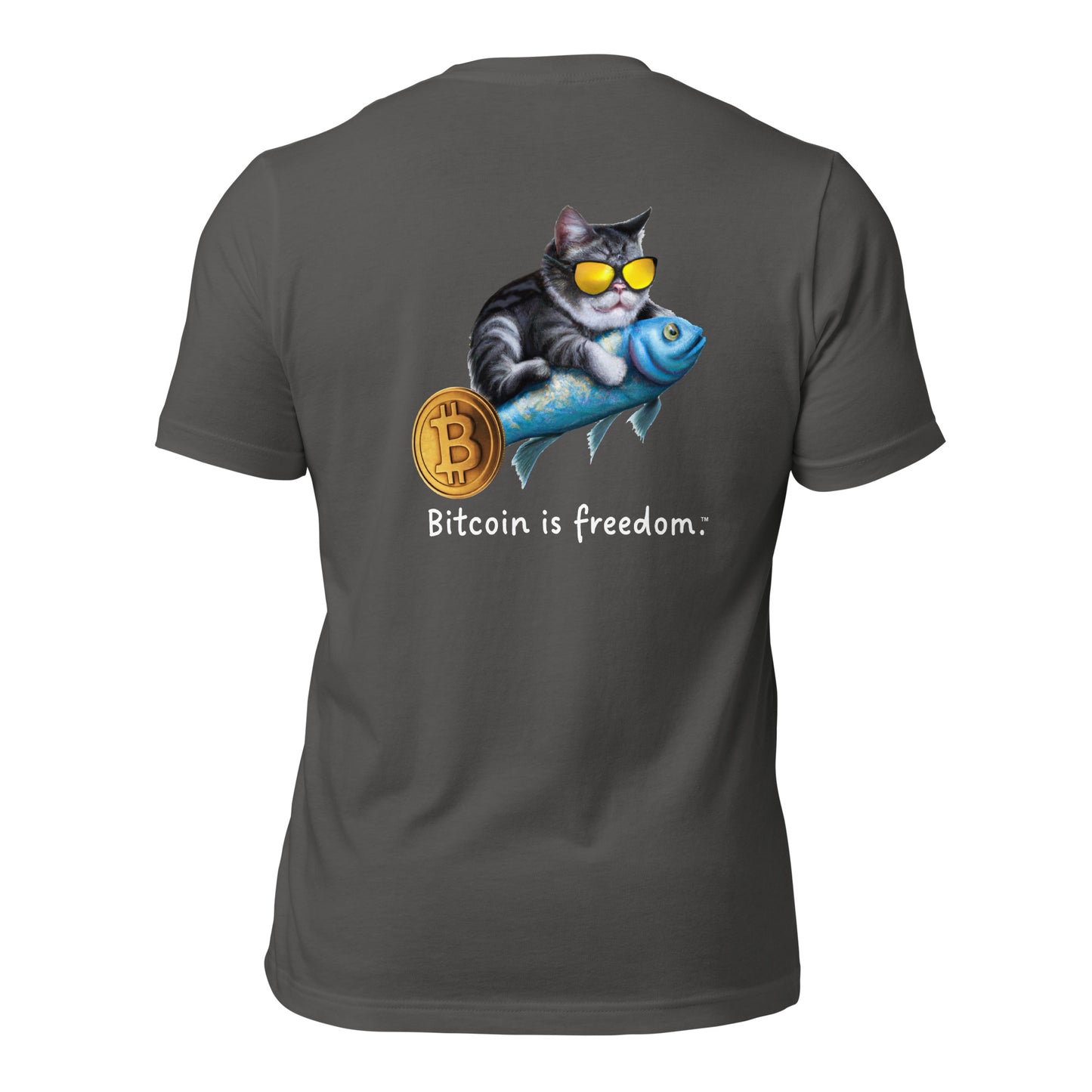 Women’s asphalt grey color Bitcoin t-shirt with a Happy Cat graphic and the ‘Bitcoin is freedom’ slogan printed on the back side of the shirt.
