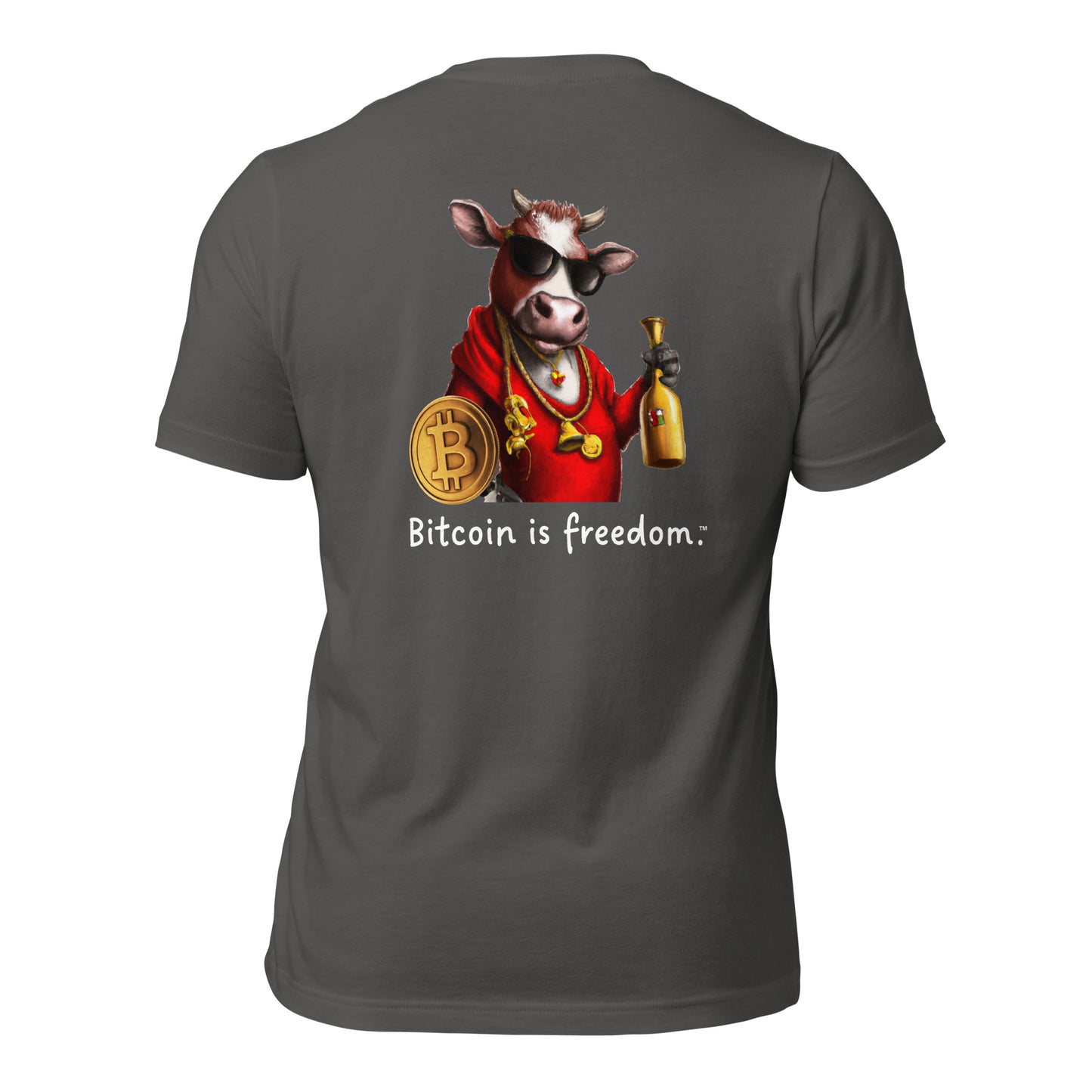 Women's Classic "Bitcoin is freedom" Cotton T-Shirt with Happy Cow Graphic (Print on Back)