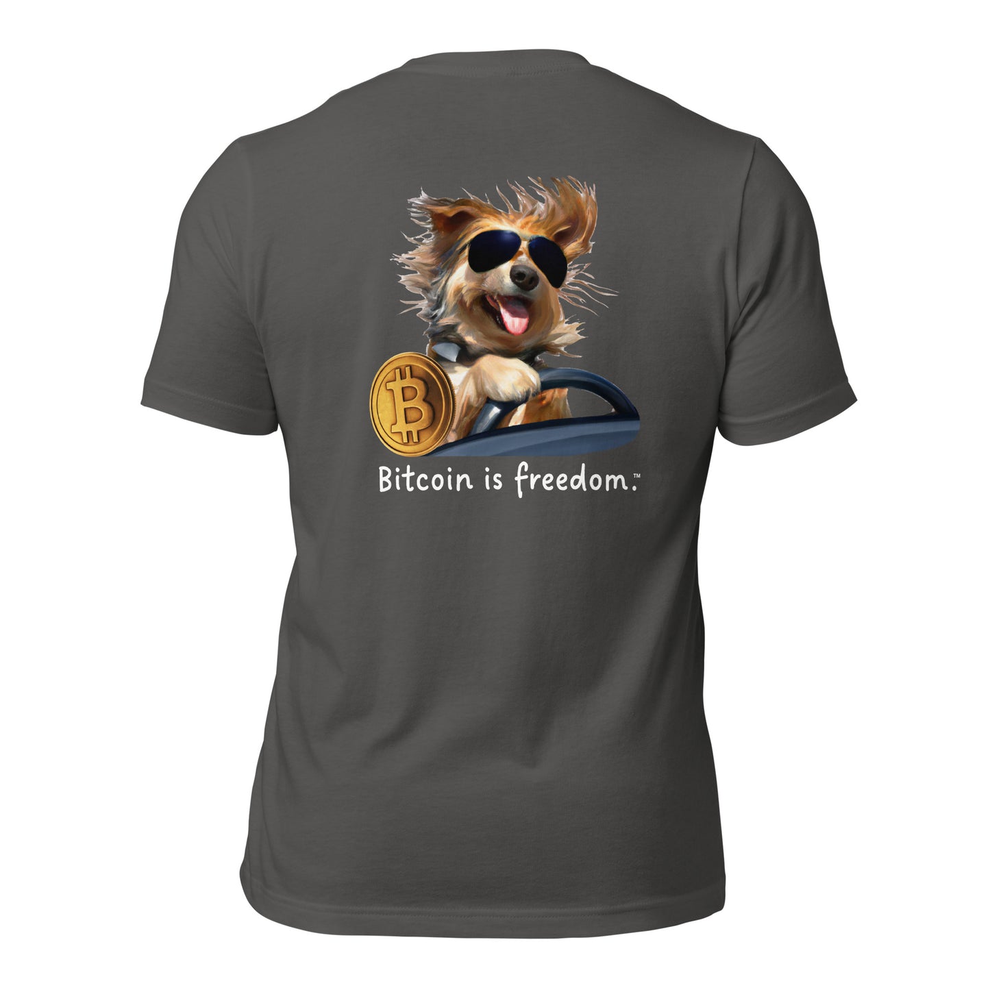 Women's Classic "Bitcoin is freedom" Cotton T-Shirt with Happy Dog Driving Graphic (Print on Back)