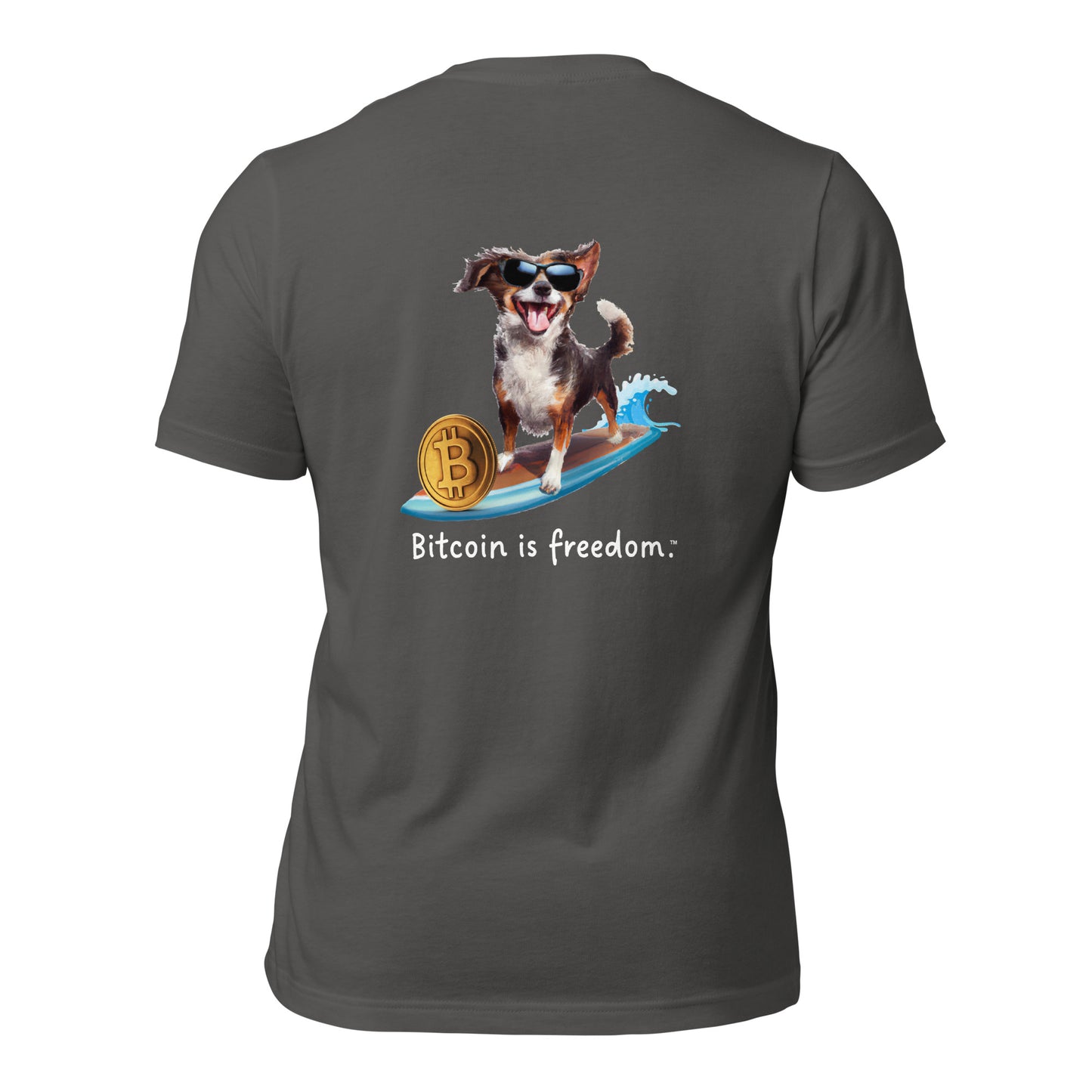 Women's Classic "Bitcoin is freedom" Cotton T-Shirt with Happy Dog Surfing Graphic (Print on Back)