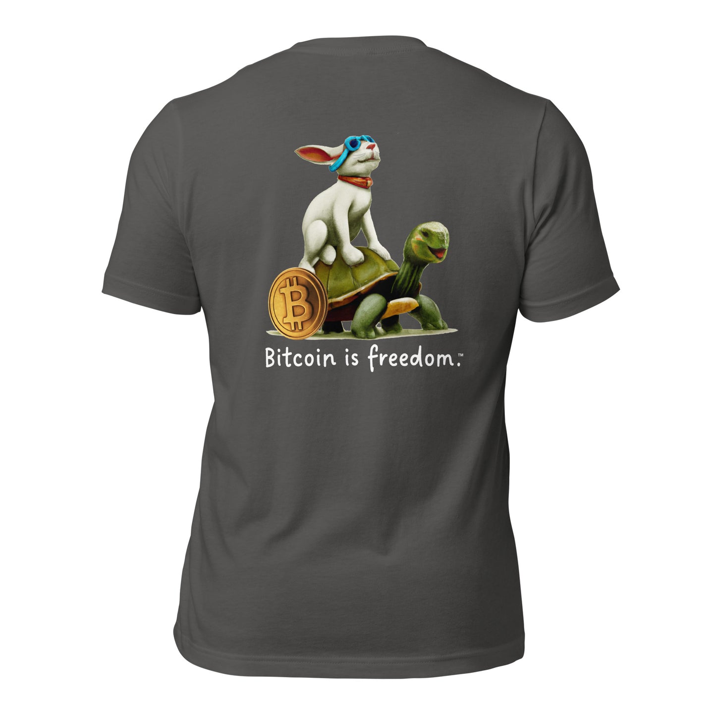 Women’s asphalt grey color Bitcoin t-shirt with a Happy Rabbit graphic and the ‘Bitcoin is freedom’ slogan printed on the back side of the shirt.