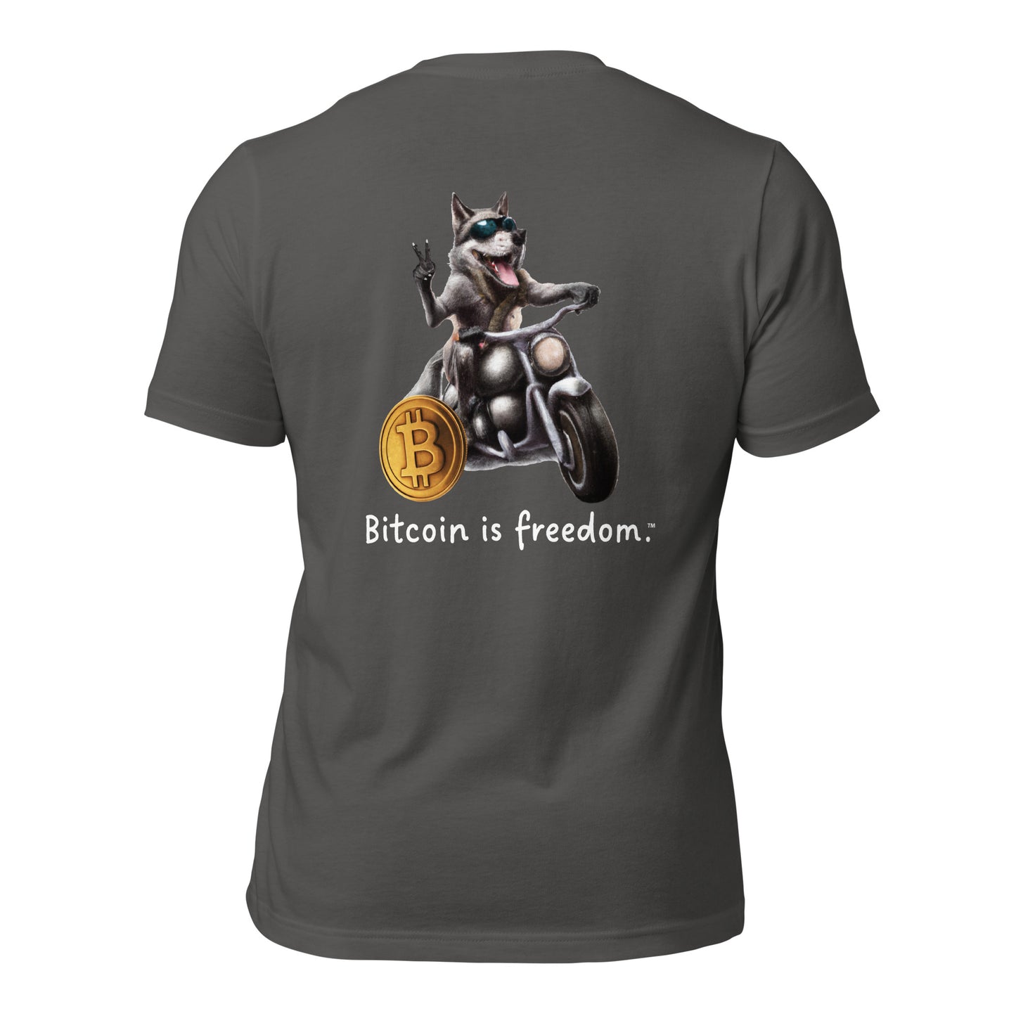 Women's Classic "Bitcoin is freedom" Cotton T-Shirt with Happy Wolf Graphic (Print on Back)