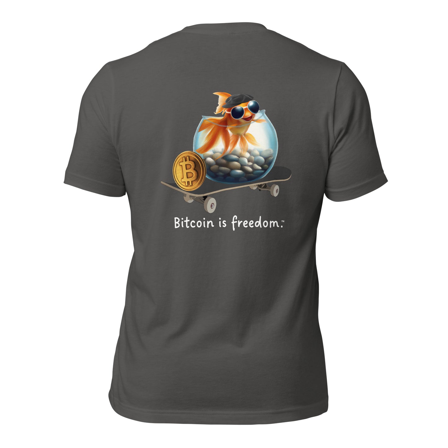 Women’s asphalt grey color Bitcoin t-shirt with a Happy Goldfish graphic and the ‘Bitcoin is freedom’ slogan printed on the back side of the shirt.