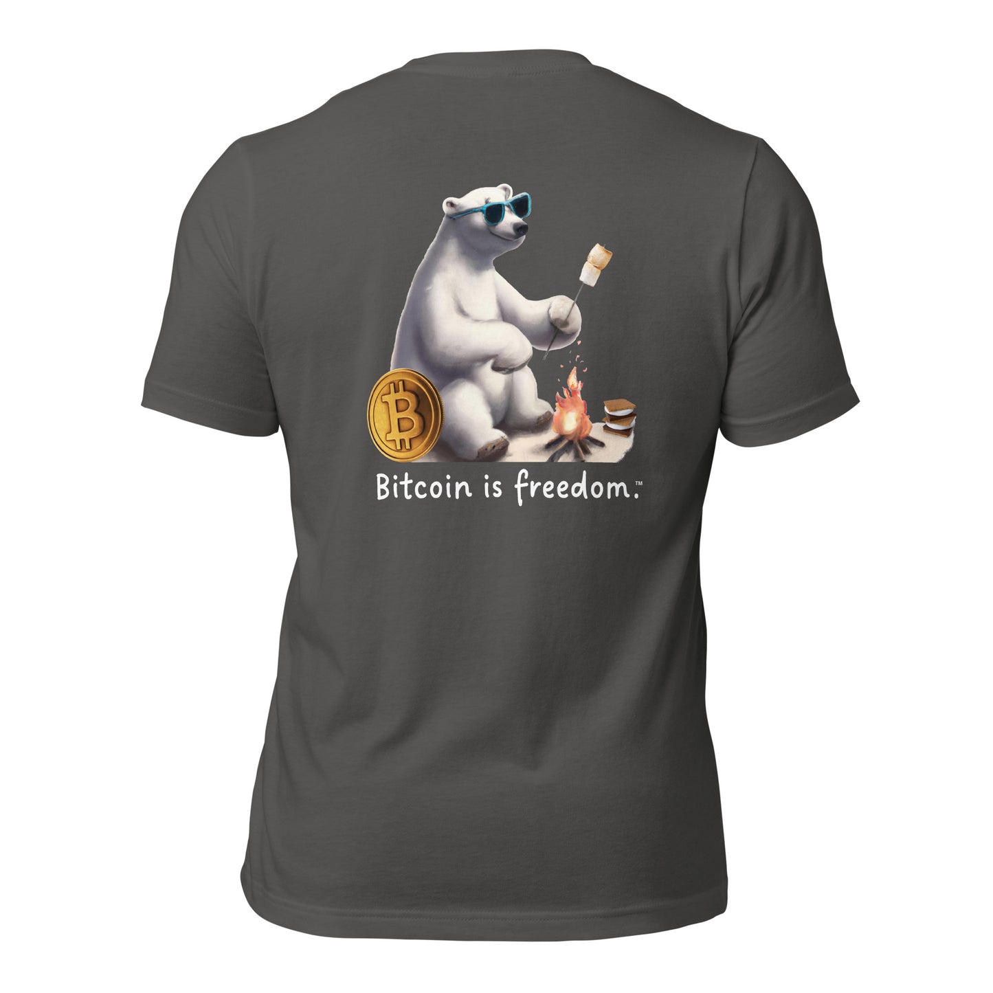 Women’s asphalt grey color Bitcoin t-shirt with a Happy Polar Bear graphic and the ‘Bitcoin is freedom’ slogan printed on the back side of the shirt.