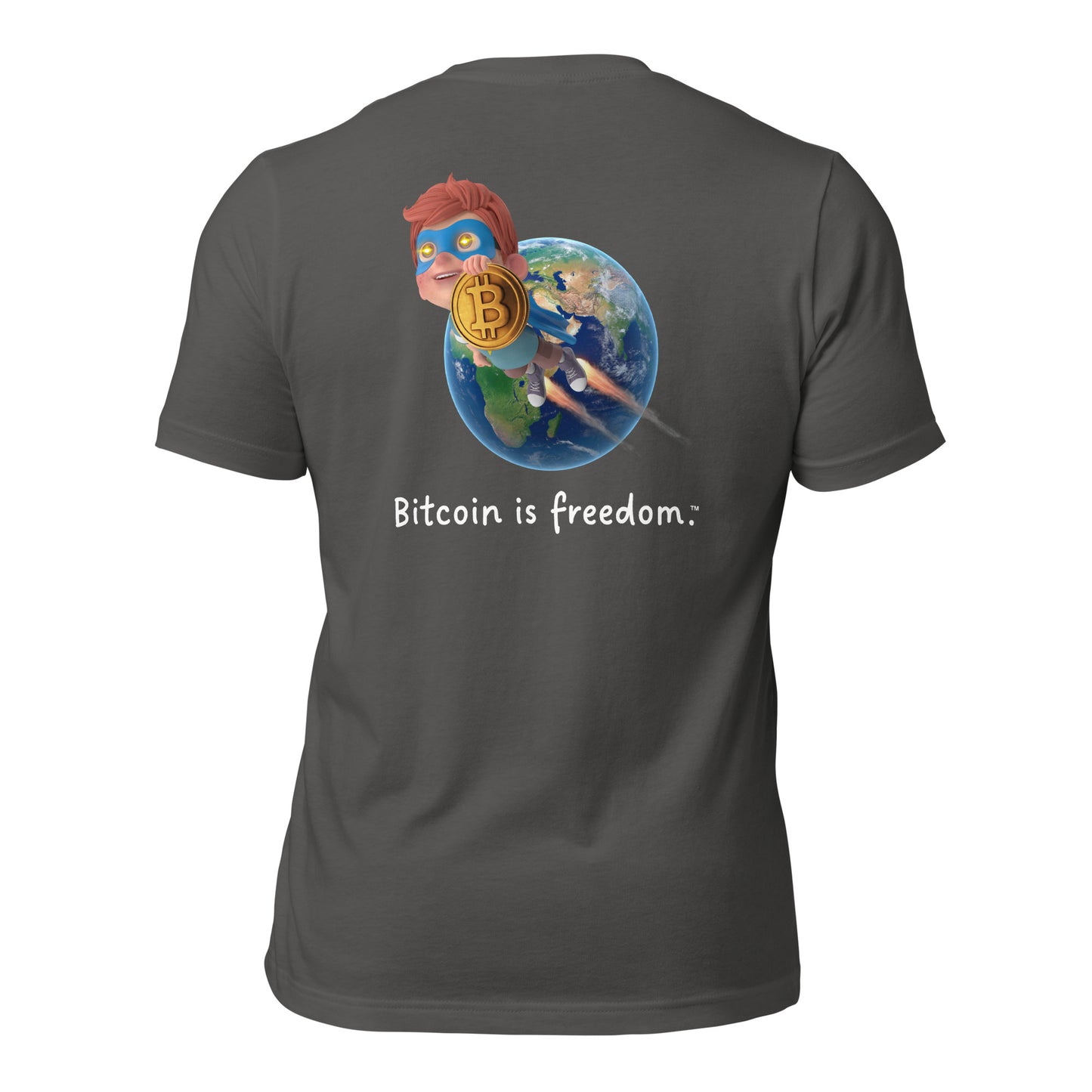 Women's Classic "Bitcoin is freedom" Cotton T-Shirt with Bitcoin Boy Flying Over Earth Graphic (Print on Back)