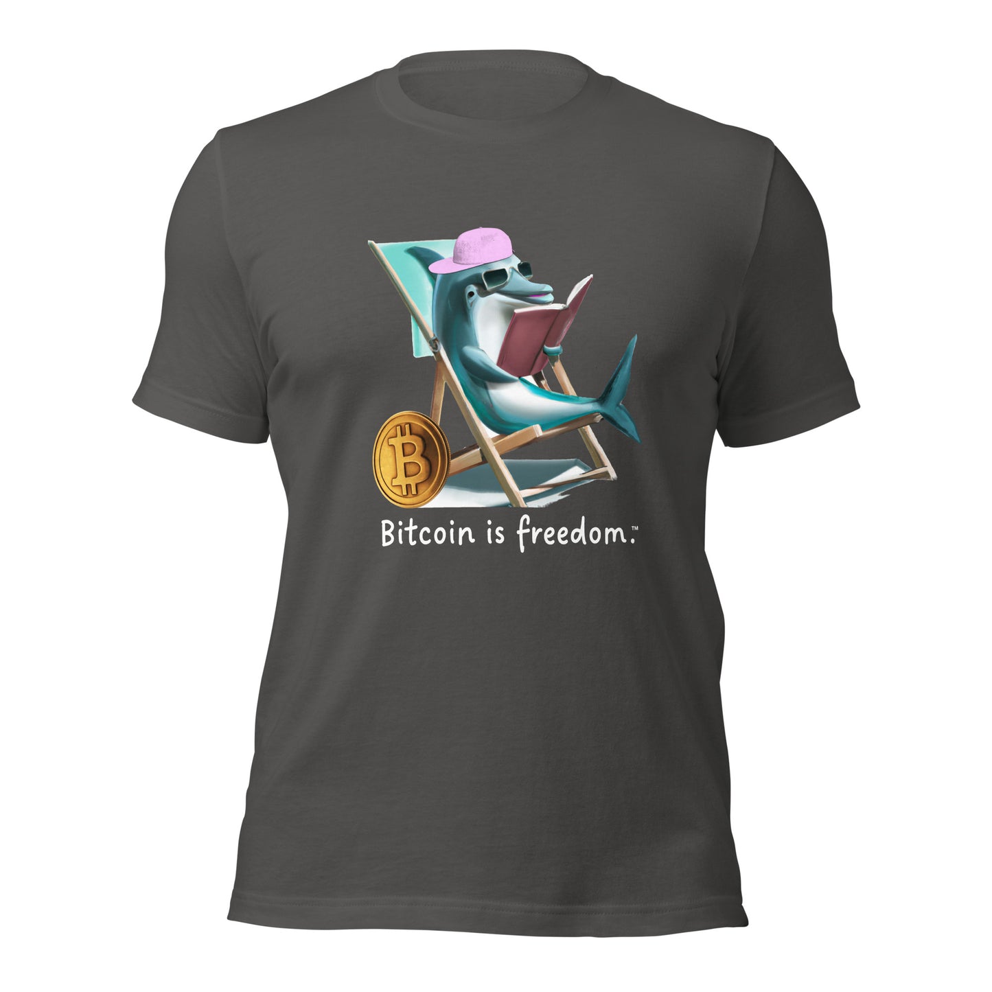 Women’s asphalt grey color Bitcoin t-shirt with a Happy Dolphin graphic and the ‘Bitcoin is freedom’ slogan printed on the front side of the shirt.
