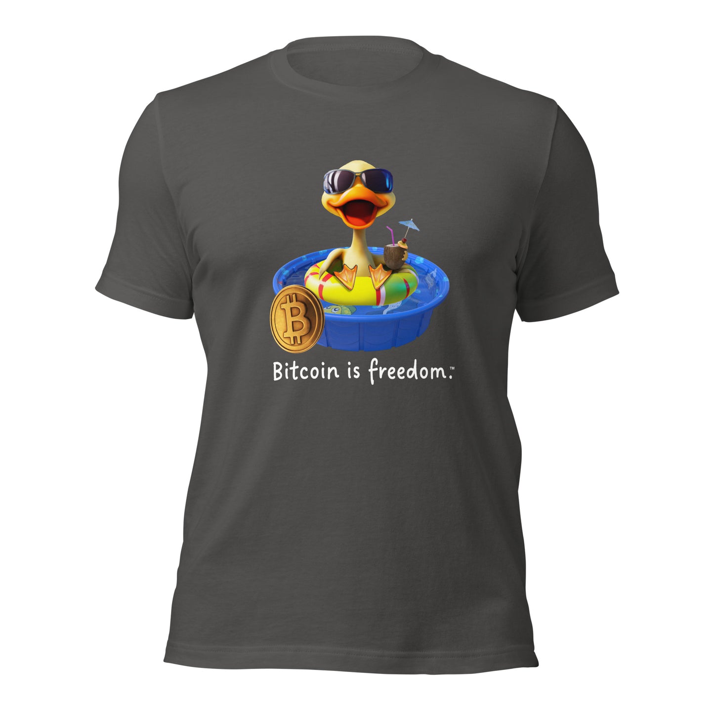 Women’s asphalt grey color Bitcoin t-shirt with a Happy Duck graphic and the ‘Bitcoin is freedom’ slogan printed on the front side of the shirt.