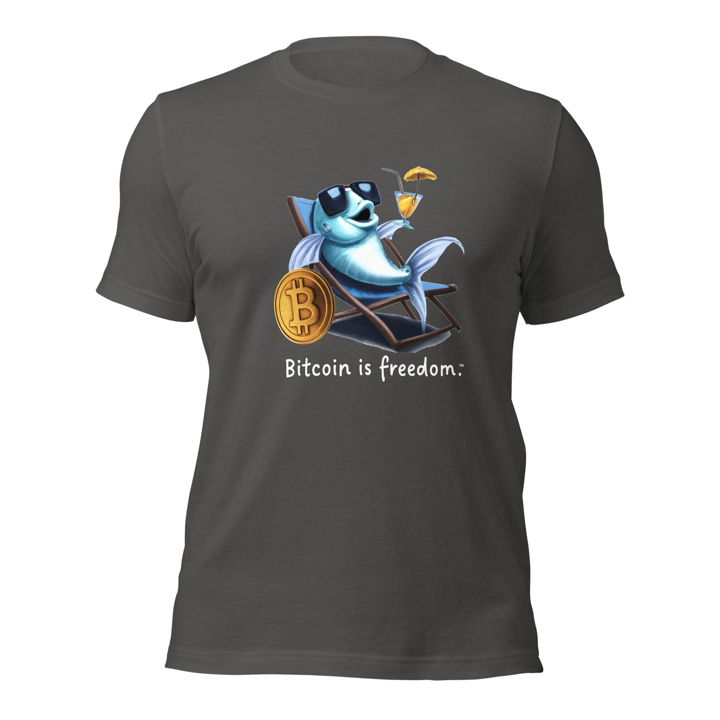 Women’s asphalt grey color Bitcoin t-shirt with a Happy Fish graphic and the ‘Bitcoin is freedom’ slogan printed on the front side of the shirt.