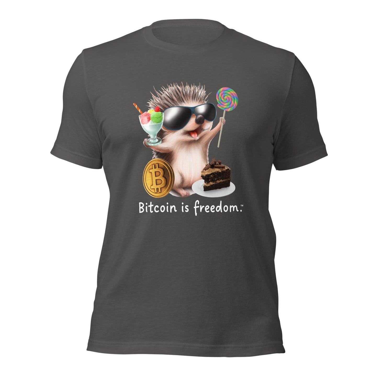 Women’s asphalt grey color Bitcoin t-shirt with a Happy Hedgehog graphic and the ‘Bitcoin is freedom’ slogan printed on the front side of the shirt.