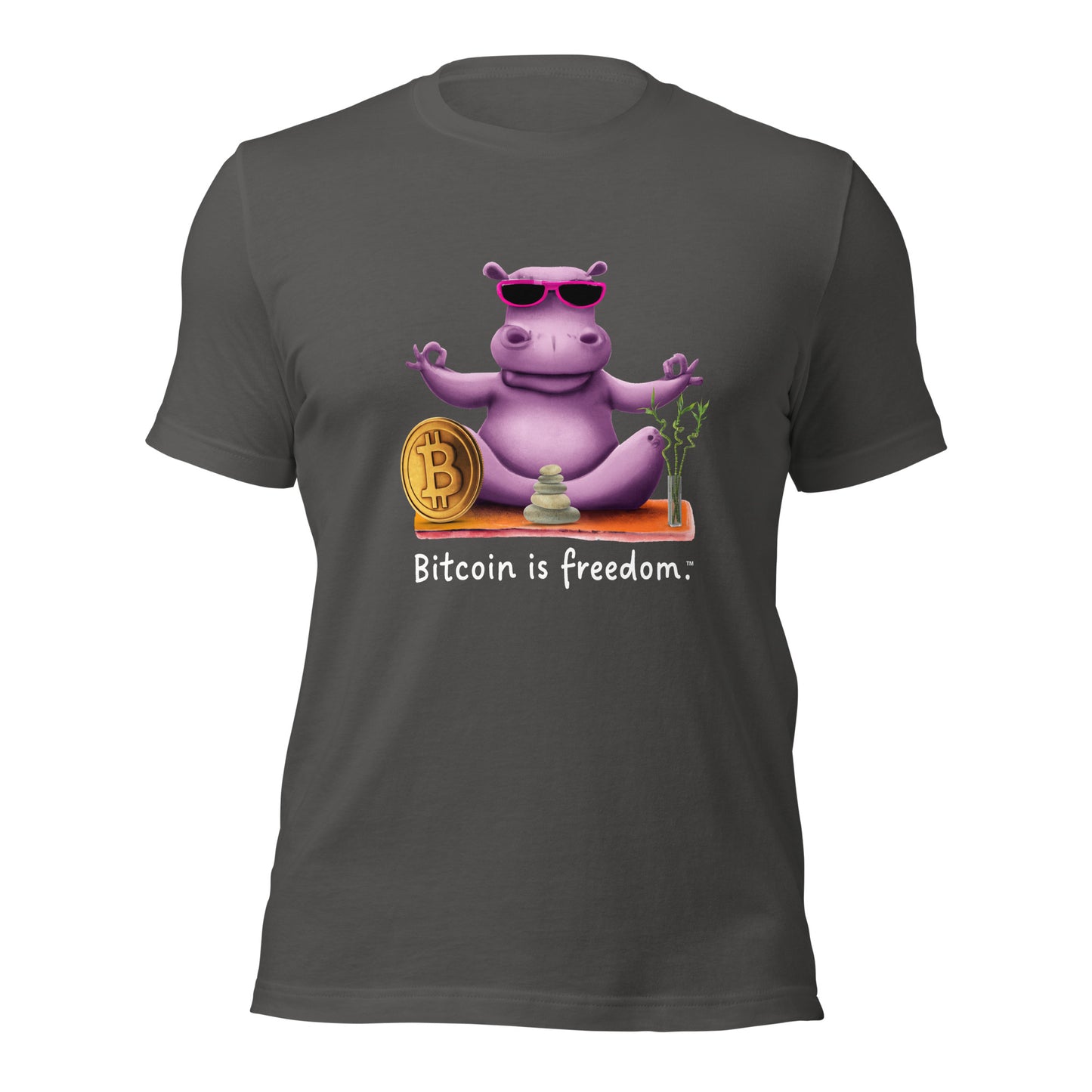 Women’s asphalt grey color Bitcoin t-shirt with a Happy Hippo graphic and the ‘Bitcoin is freedom’ slogan printed on the front side of the shirt.