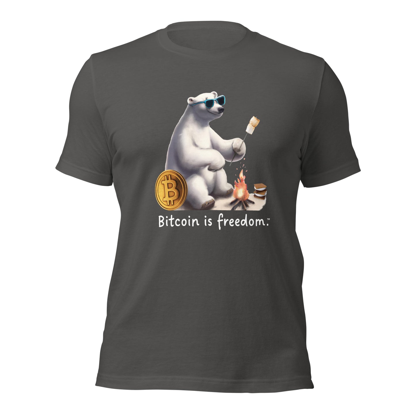 Women’s asphalt grey color Bitcoin t-shirt with a Happy Polar Bear graphic and the ‘Bitcoin is freedom’ slogan printed on the front side of the shirt.