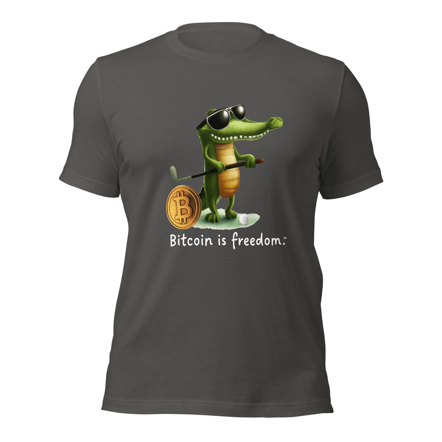 Women's asphalt color Bitcoin t-shirt with a Happy Alligator graphic and the ‘Bitcoin is freedom’ slogan printed on the back front of the shirt.