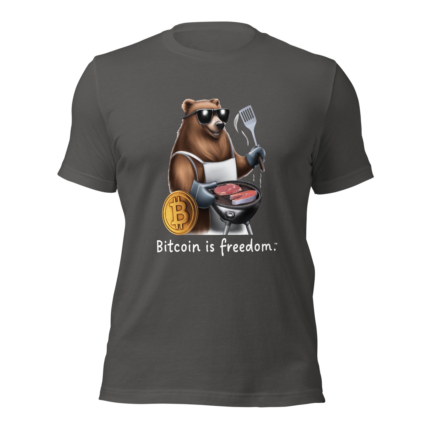 Women’s asphalt grey color Bitcoin t-shirt with a Happy Bear graphic and the ‘Bitcoin is freedom’ slogan printed on the front side of the shirt.