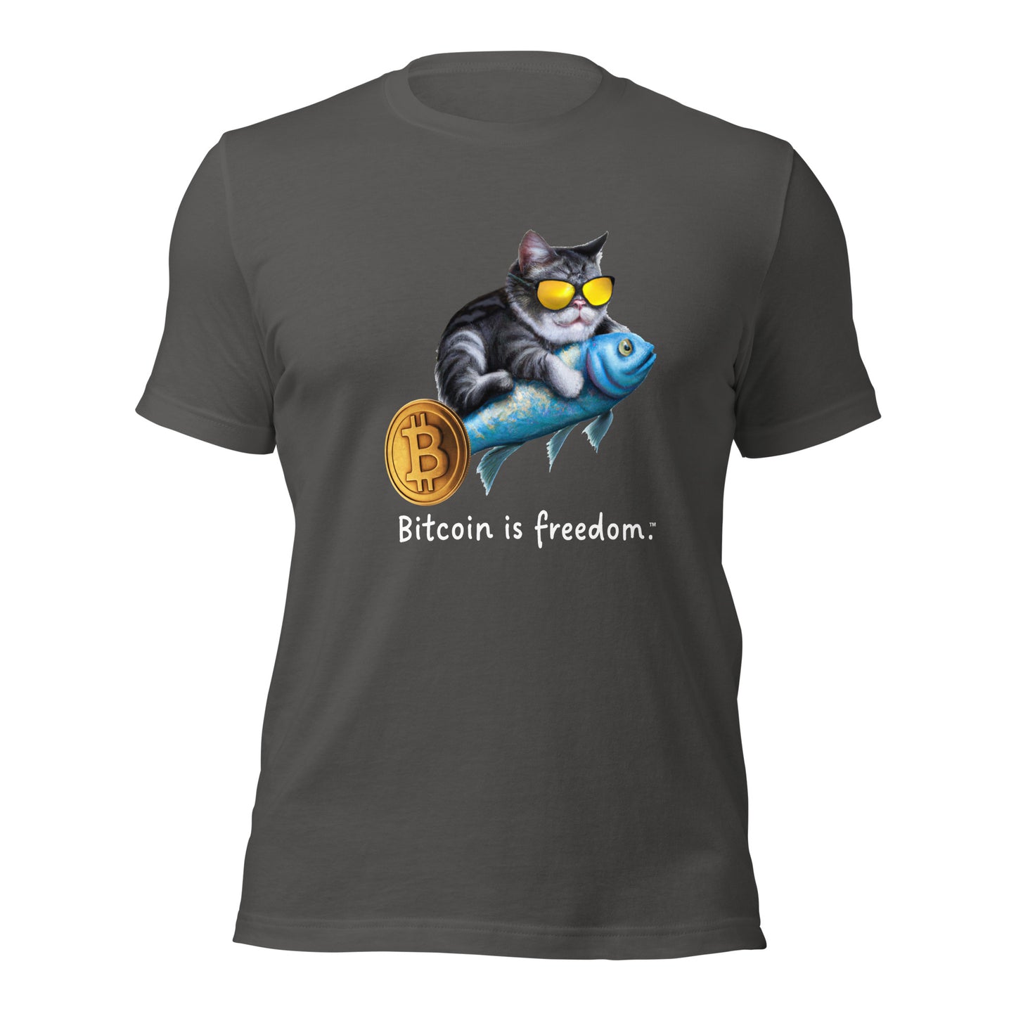 Women’s asphalt grey color Bitcoin t-shirt with a Happy Cat graphic and the ‘Bitcoin is freedom’ slogan printed on the front side of the shirt.