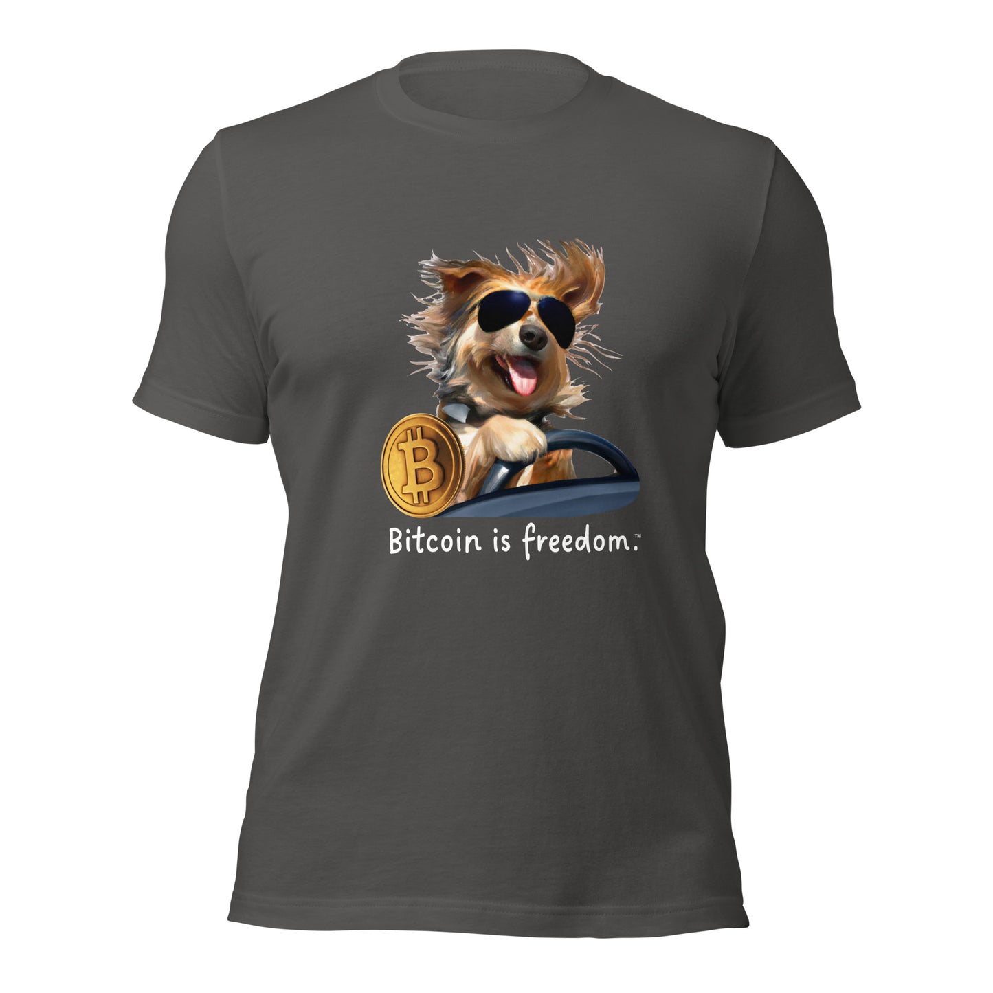 Women’s asphalt grey color Bitcoin t-shirt with a Happy Dog Driving graphic and the ‘Bitcoin is freedom’ slogan printed on the front side of the shirt.