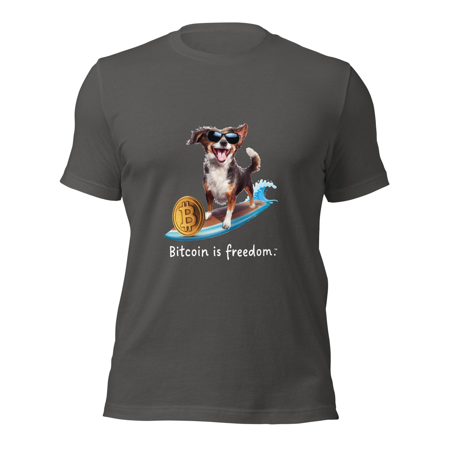 Women’s asphalt grey color Bitcoin t-shirt with a Happy Dog Surfing graphic and the ‘Bitcoin is freedom’ slogan printed on the front side of the shirt.