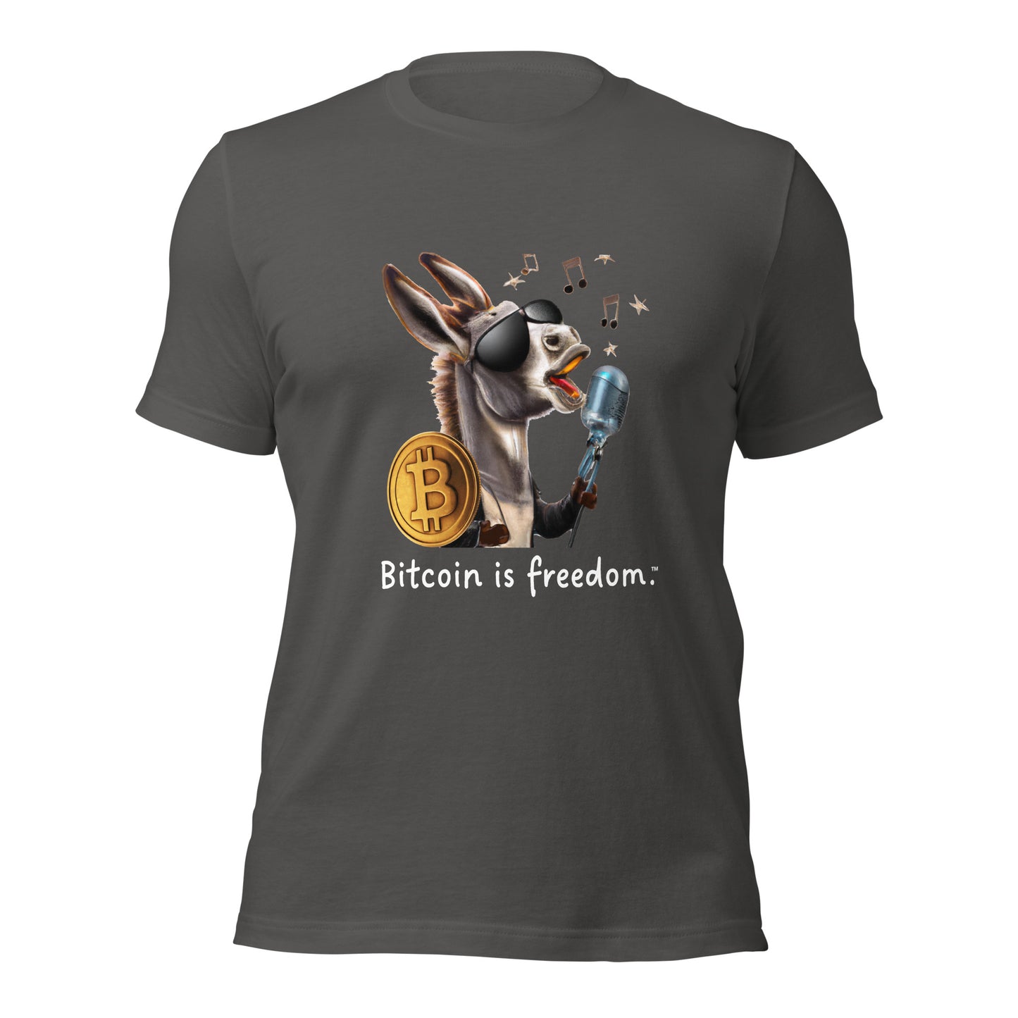 Women’s asphalt grey color Bitcoin t-shirt with a Happy Donkey graphic and the ‘Bitcoin is freedom’ slogan printed on the front side of the shirt.