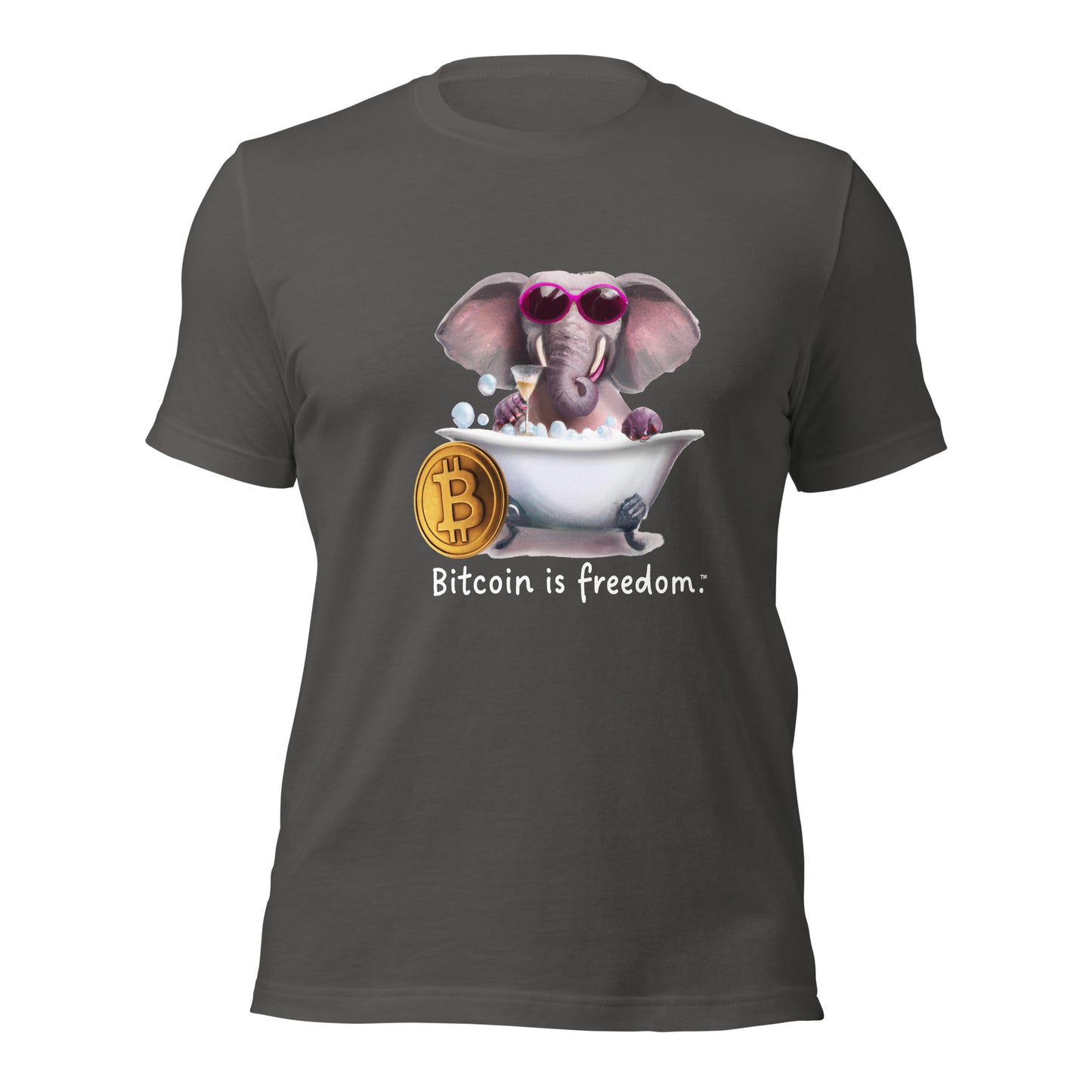 Women’s asphalt grey color Bitcoin t-shirt with a Happy Elephant graphic and the ‘Bitcoin is freedom’ slogan printed on the front side of the shirt.