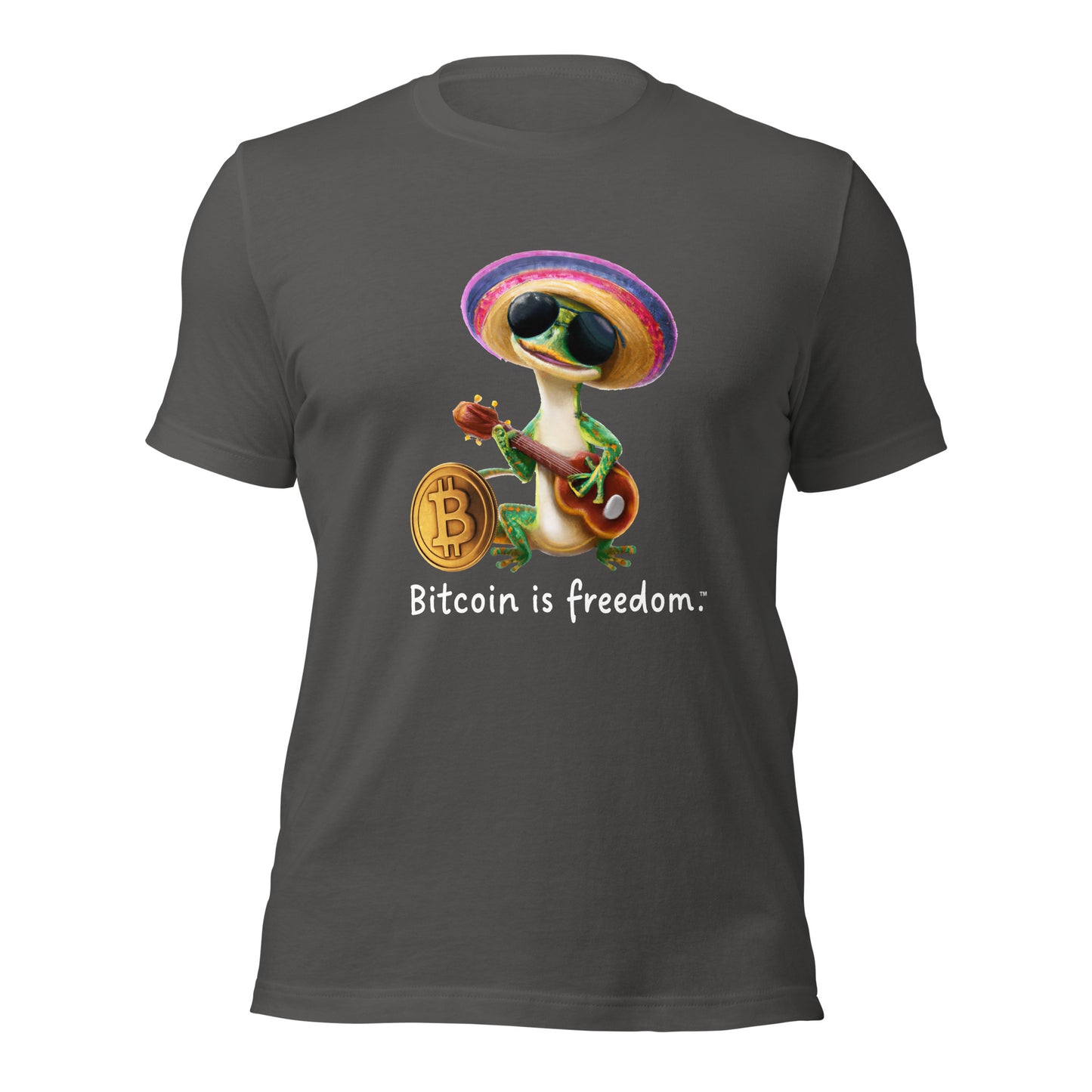 Women’s asphalt grey color Bitcoin t-shirt with a Happy Gecko graphic and the ‘Bitcoin is freedom’ slogan printed on the front side of the shirt.