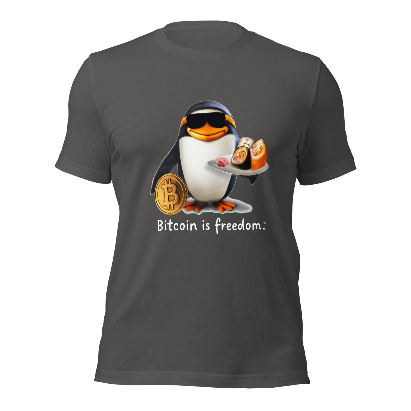 Women’s asphalt grey color Bitcoin t-shirt with a Happy Penguin graphic and the ‘Bitcoin is freedom’ slogan printed on the front side of the shirt.