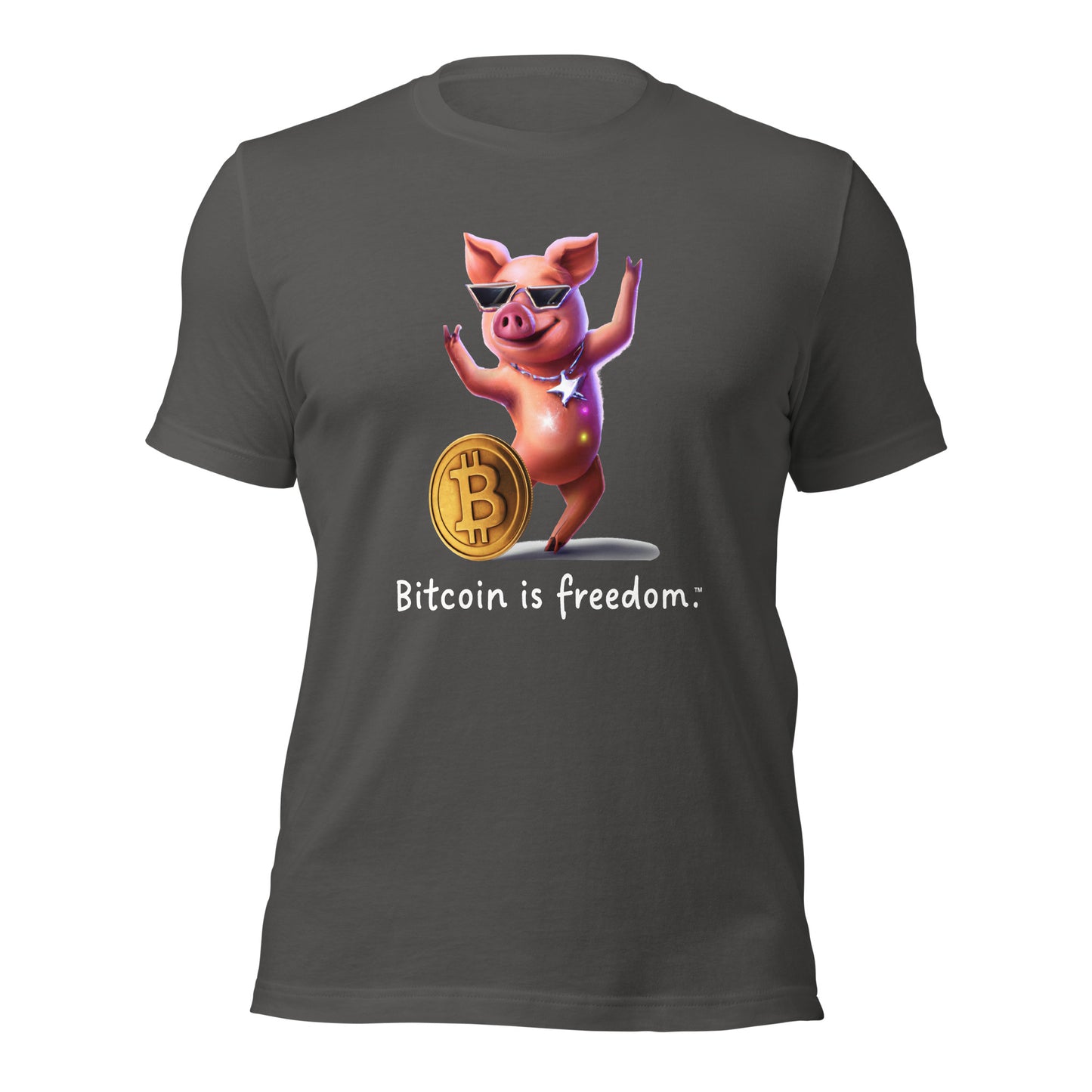 Women’s asphalt grey color Bitcoin t-shirt with a Happy Pig graphic and the ‘Bitcoin is freedom’ slogan printed on the front side of the shirt.