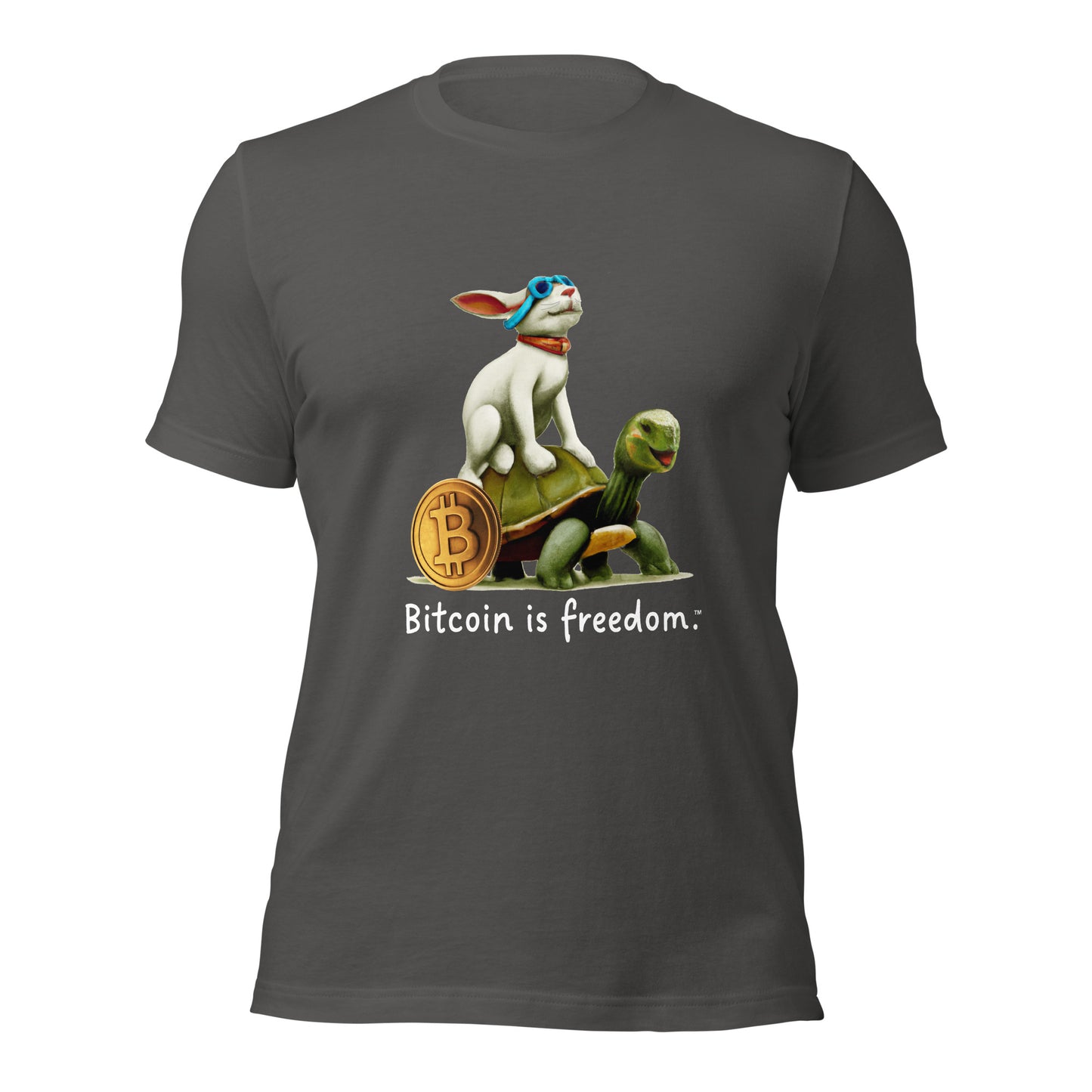 Women’s asphalt grey color Bitcoin t-shirt with a Happy Rabbit graphic and the ‘Bitcoin is freedom’ slogan printed on the front side of the shirt.