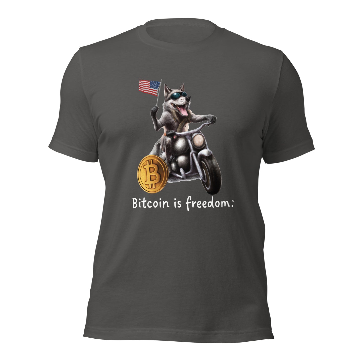 Women’s asphalt grey color Bitcoin t-shirt with a Happy Patriotic Wolf graphic and the ‘Bitcoin is freedom’ slogan printed on the front side of the shirt.