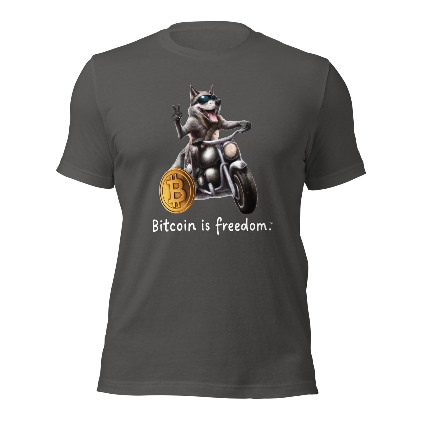 Women’s asphalt grey color Bitcoin t-shirt with a Happy Wolf graphic and the ‘Bitcoin is freedom’ slogan printed on the front side of the shirt.