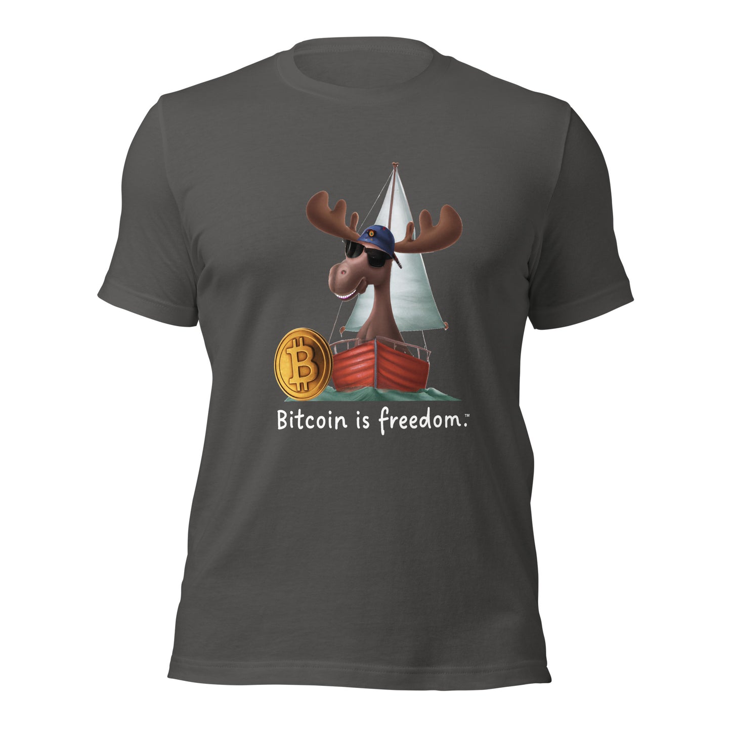 Women’s asphalt grey color Bitcoin t-shirt with a Happy Gecko graphic and the ‘Bitcoin is freedom’ slogan printed on the front side of the shirt.