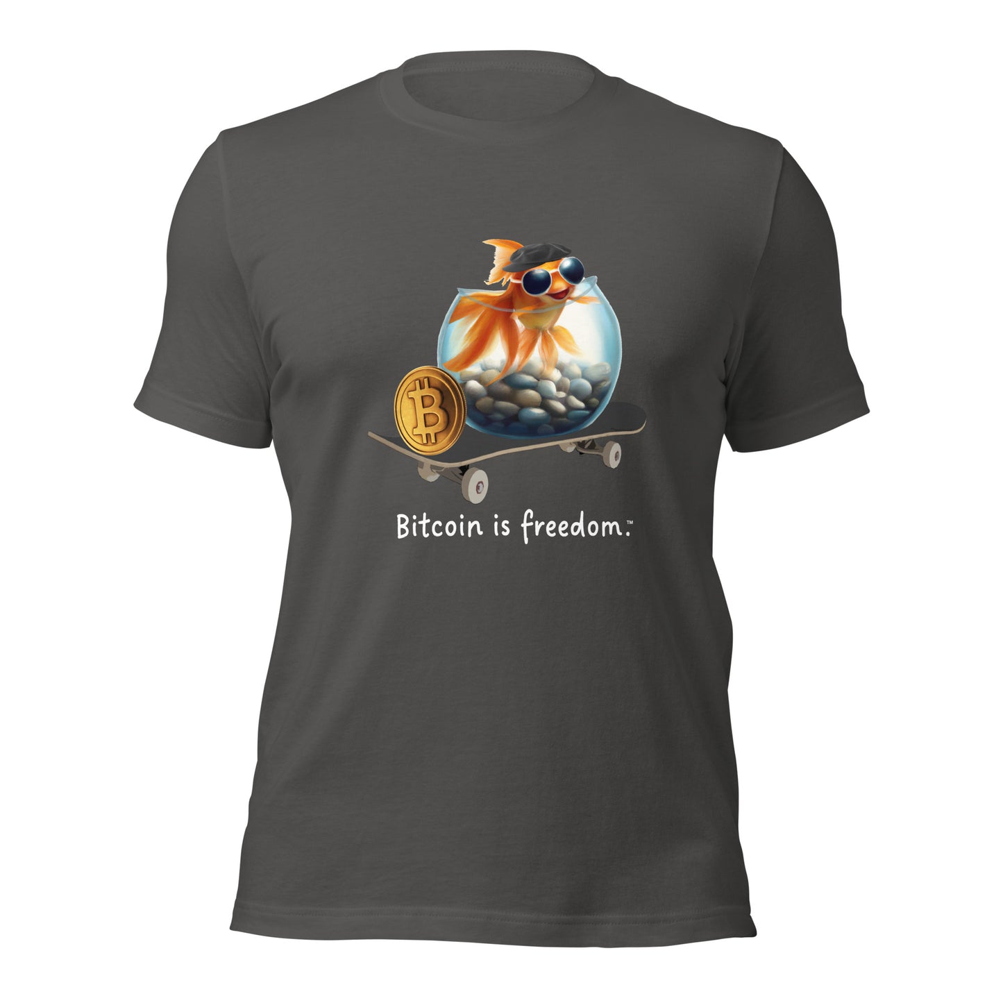 Women’s asphalt grey color Bitcoin t-shirt with a Happy Goldfish graphic and the ‘Bitcoin is freedom’ slogan printed on the front side of the shirt.