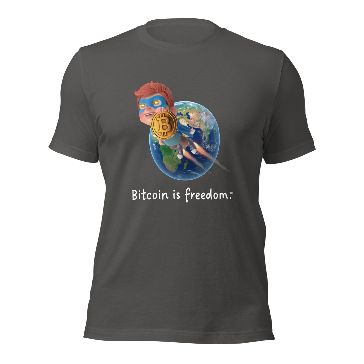 Women's Classic "Bitcoin is freedom" Cotton T-Shirt with Bitcoin Boy Flying Over Earth Graphic (Print on Front)