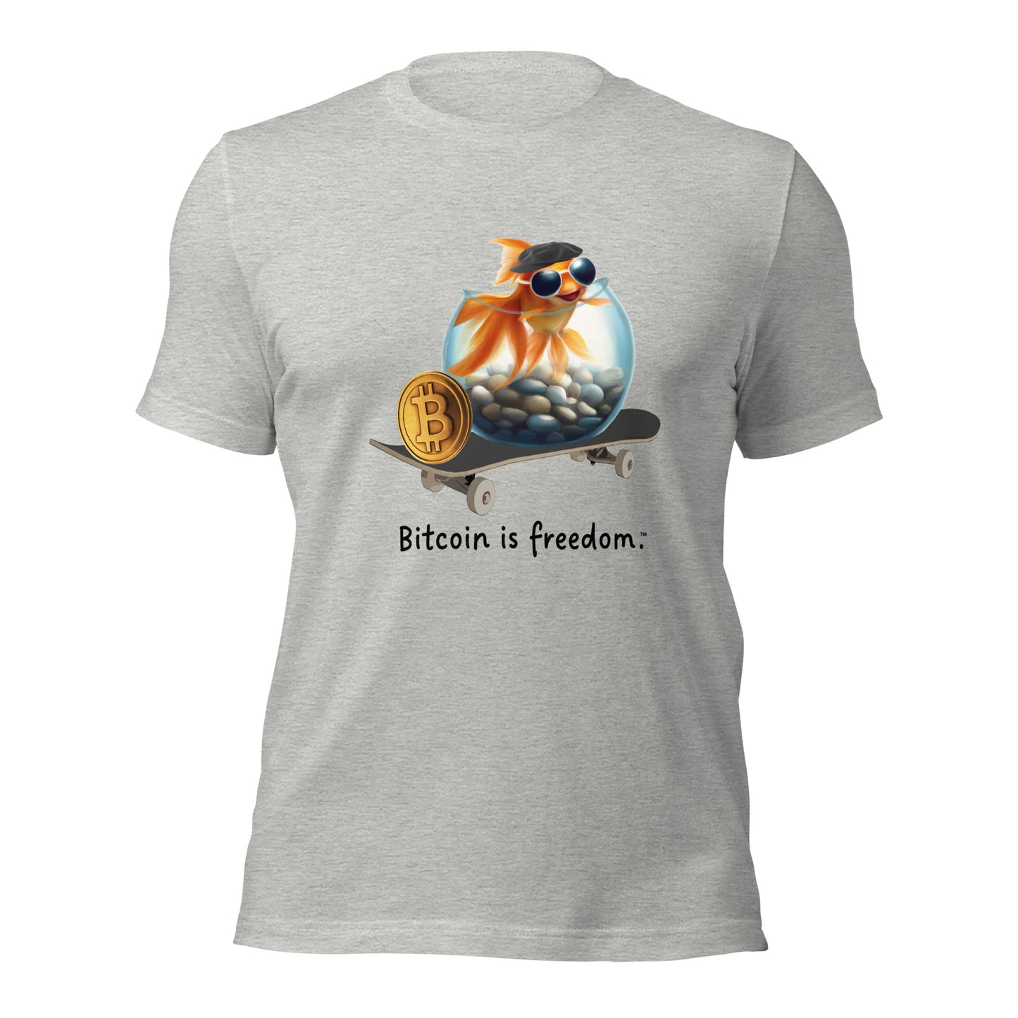 Women’s athletic heather color Bitcoin t-shirt with a Happy Goldfish graphic and the ‘Bitcoin is freedom’ slogan printed on the front side of the shirt.