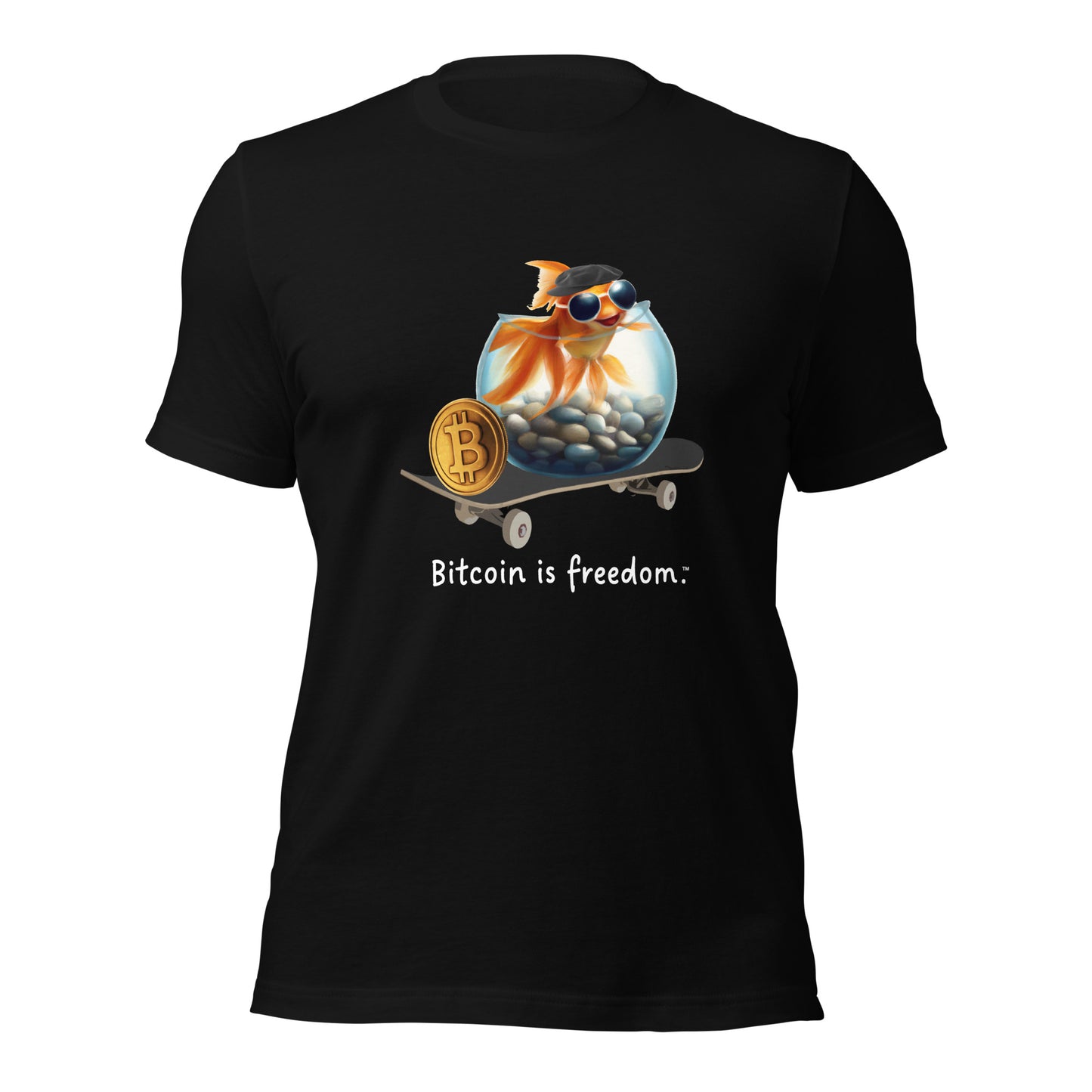 Women’s black color Bitcoin t-shirt with a Happy Goldfish graphic and the ‘Bitcoin is freedom’ slogan printed on the front side of the shirt.