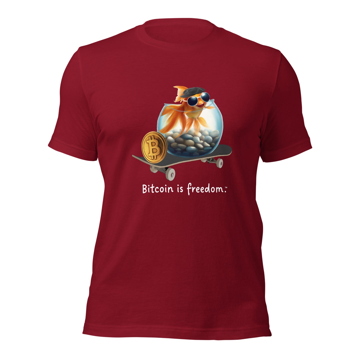 Women’s cardinal red color Bitcoin t-shirt with a Happy Goldfish graphic and the ‘Bitcoin is freedom’ slogan printed on the front side of the shirt.