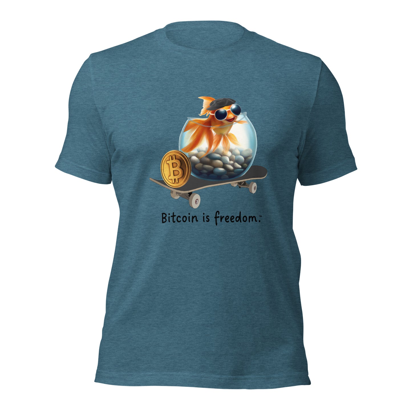 Women’s heather deep teal color Bitcoin t-shirt with a Happy Goldfish graphic and the ‘Bitcoin is freedom’ slogan printed on the front side of the shirt.