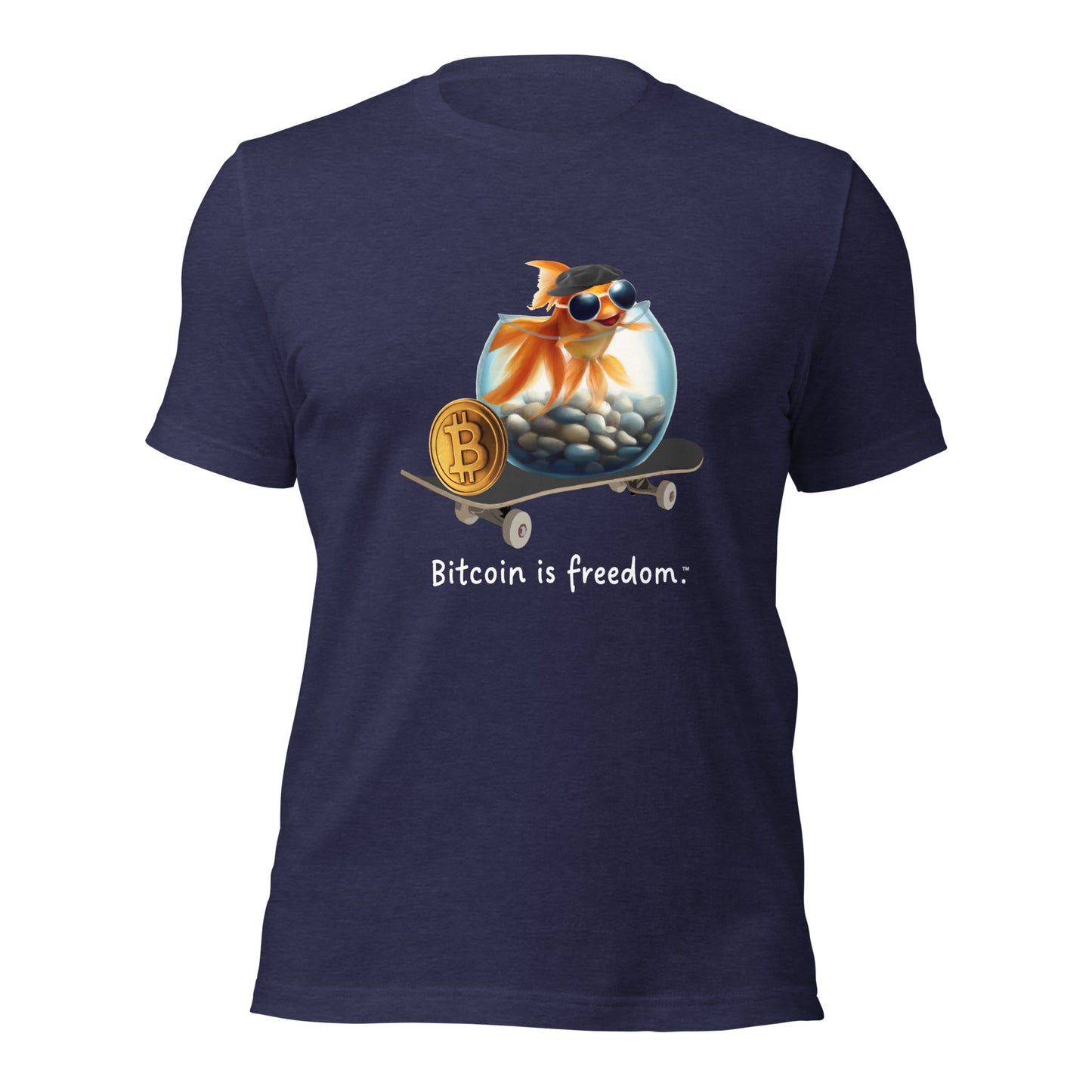 Women’s heather midnight navy blue color Bitcoin t-shirt with a Happy Goldfish graphic and the ‘Bitcoin is freedom’ slogan printed on the front side of the shirt.