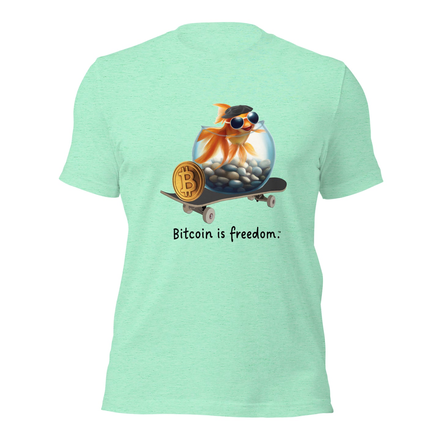 Women’s heather mint green color Bitcoin t-shirt with a Happy Goldfish graphic and the ‘Bitcoin is freedom’ slogan printed on the front side of the shirt.