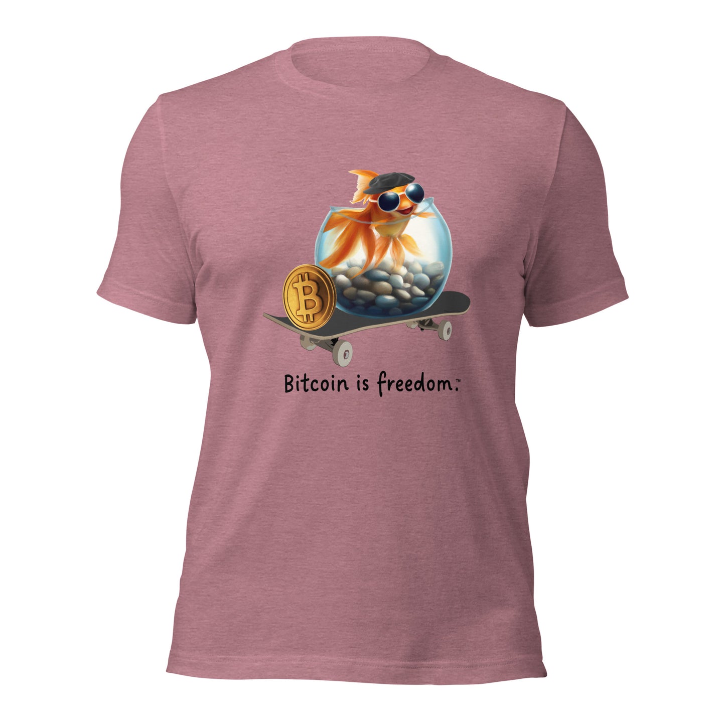 Women’s heather orchid color Bitcoin t-shirt with a Happy Goldfish graphic and the ‘Bitcoin is freedom’ slogan printed on the front side of the shirt.