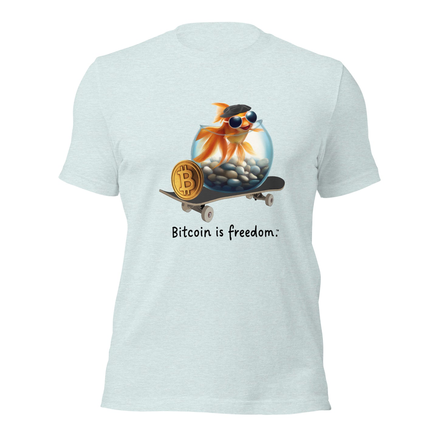Women’s heather prism ice blue color Bitcoin t-shirt with a Happy Goldfish graphic and the ‘Bitcoin is freedom’ slogan printed on the front side of the shirt.