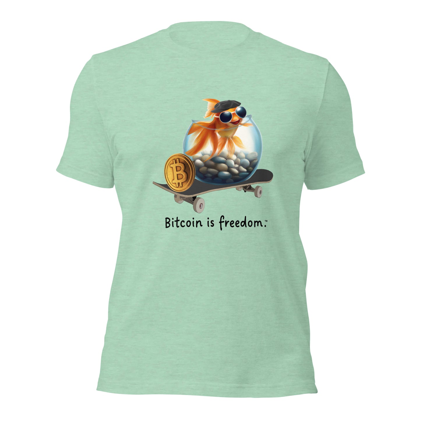 Women’s heather prism mint green color Bitcoin t-shirt with a Happy Goldfish graphic and the ‘Bitcoin is freedom’ slogan printed on the front side of the shirt.