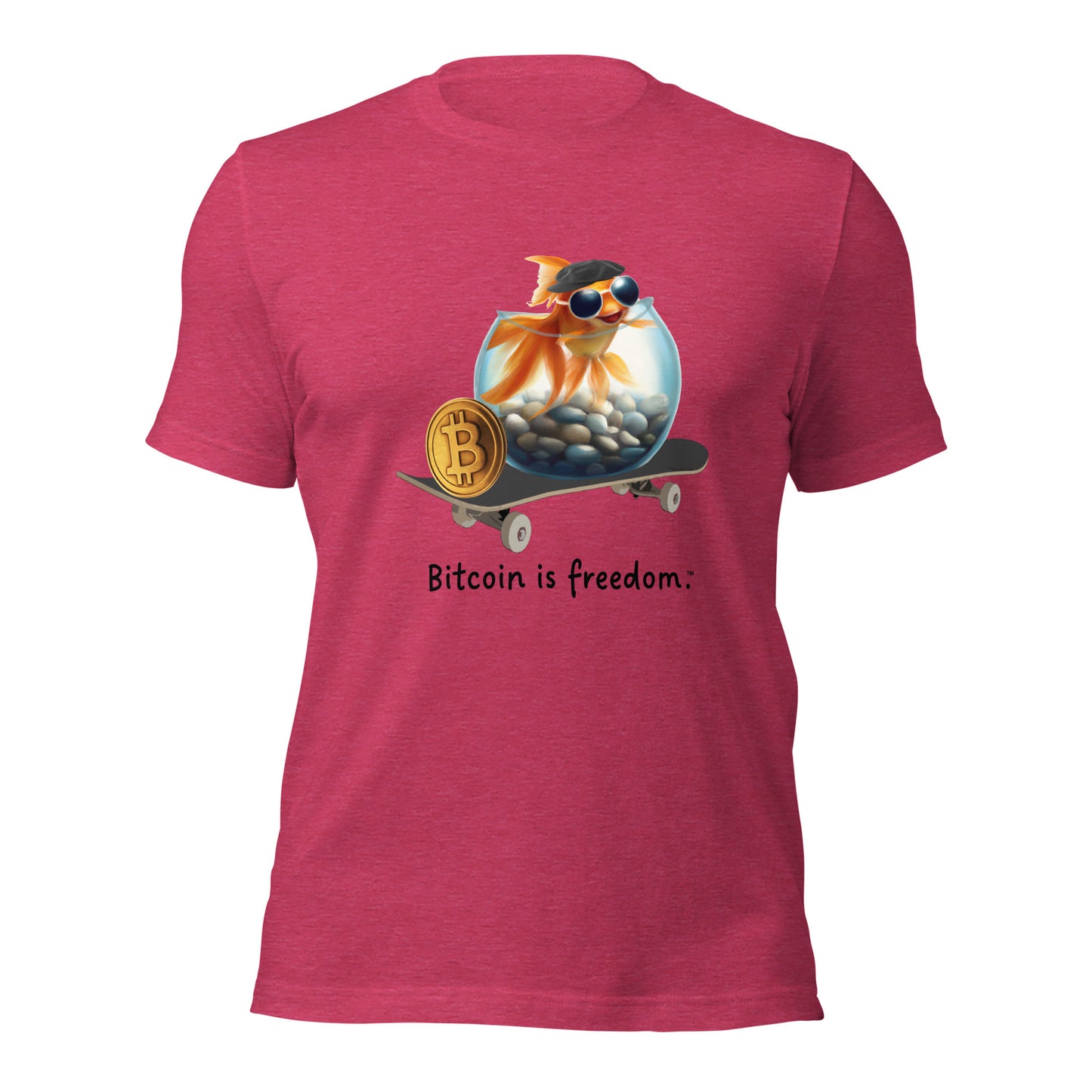 Women’s heather raspberry color Bitcoin t-shirt with a Happy Goldfish graphic and the ‘Bitcoin is freedom’ slogan printed on the front side of the shirt.