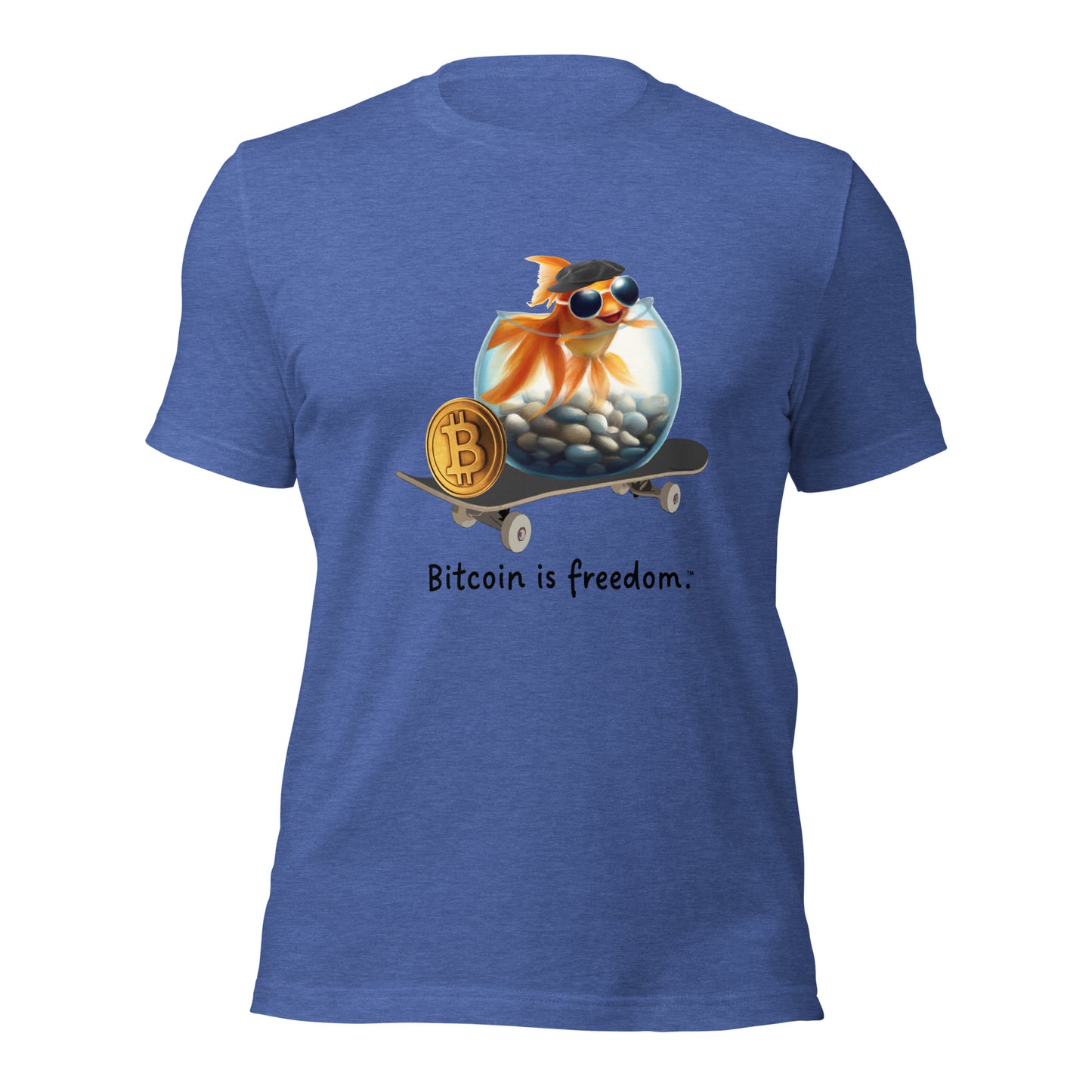 Women’s heather true royal blue color Bitcoin t-shirt with a Happy Goldfish graphic and the ‘Bitcoin is freedom’ slogan printed on the front side of the shirt.
