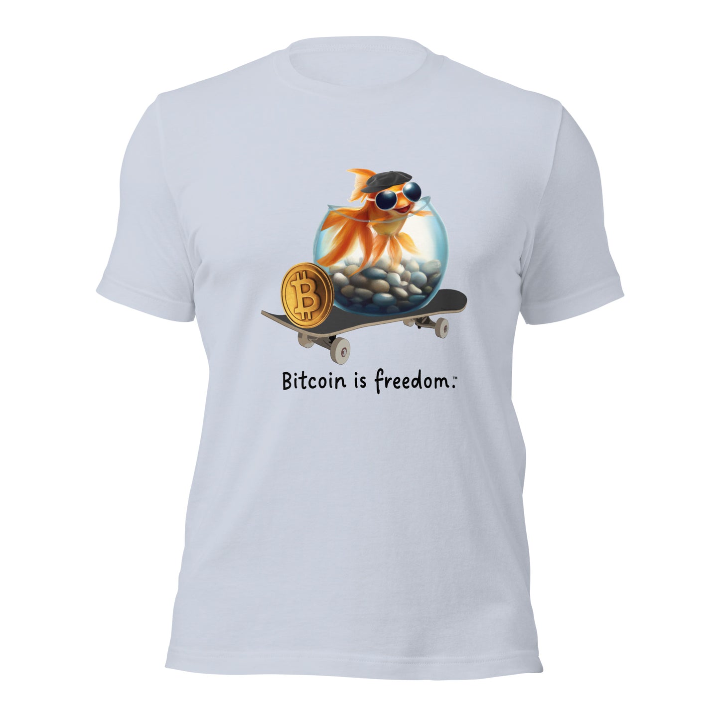 Women’s light blue color Bitcoin t-shirt with a Happy Goldfish graphic and the ‘Bitcoin is freedom’ slogan printed on the front side of the shirt.